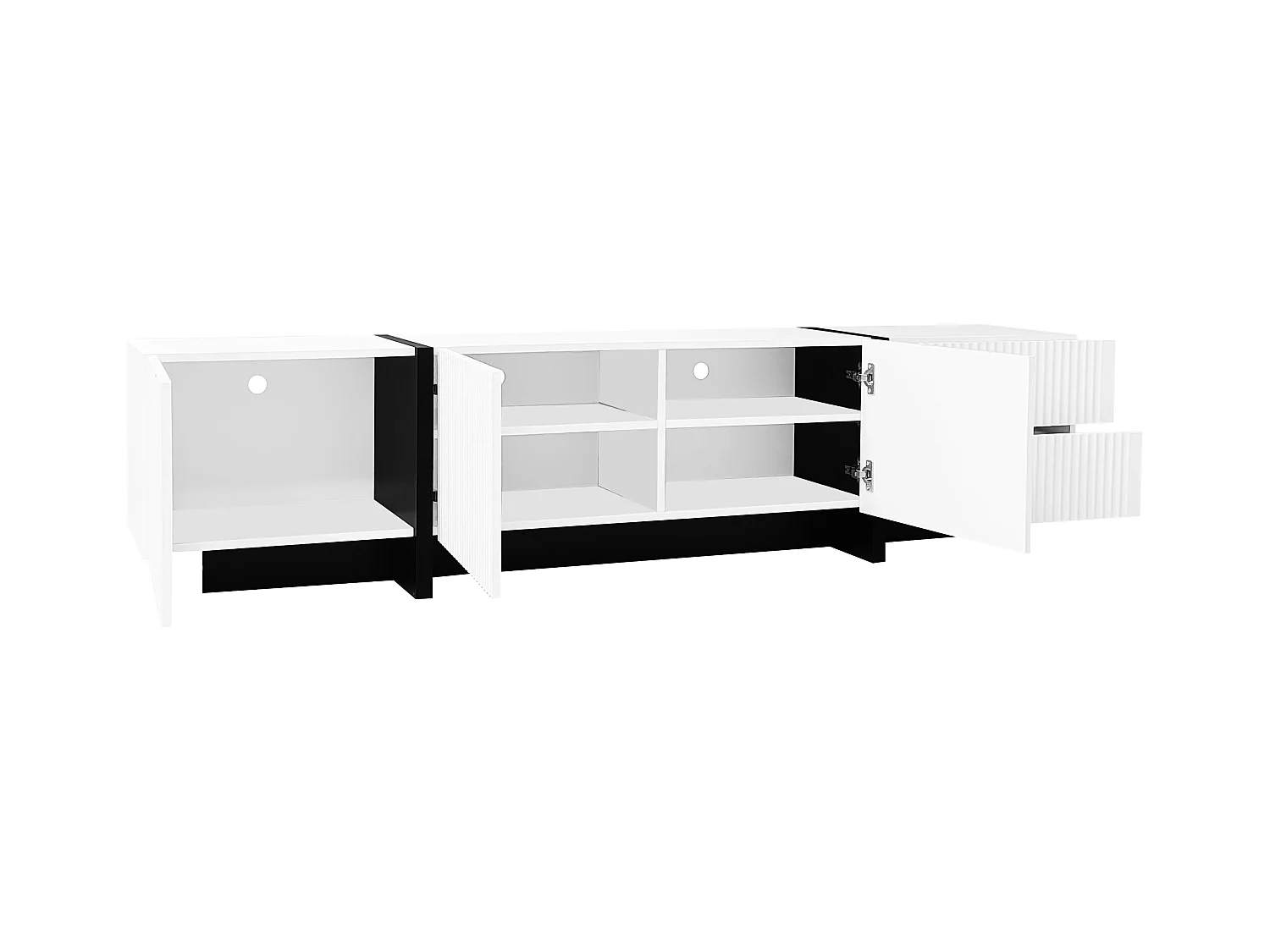 Meuble TV avec 2 tiroirs et 3 portes - 190 x 35 x 45 cm - Bois MDF et panneau de particules - Blanc + noir