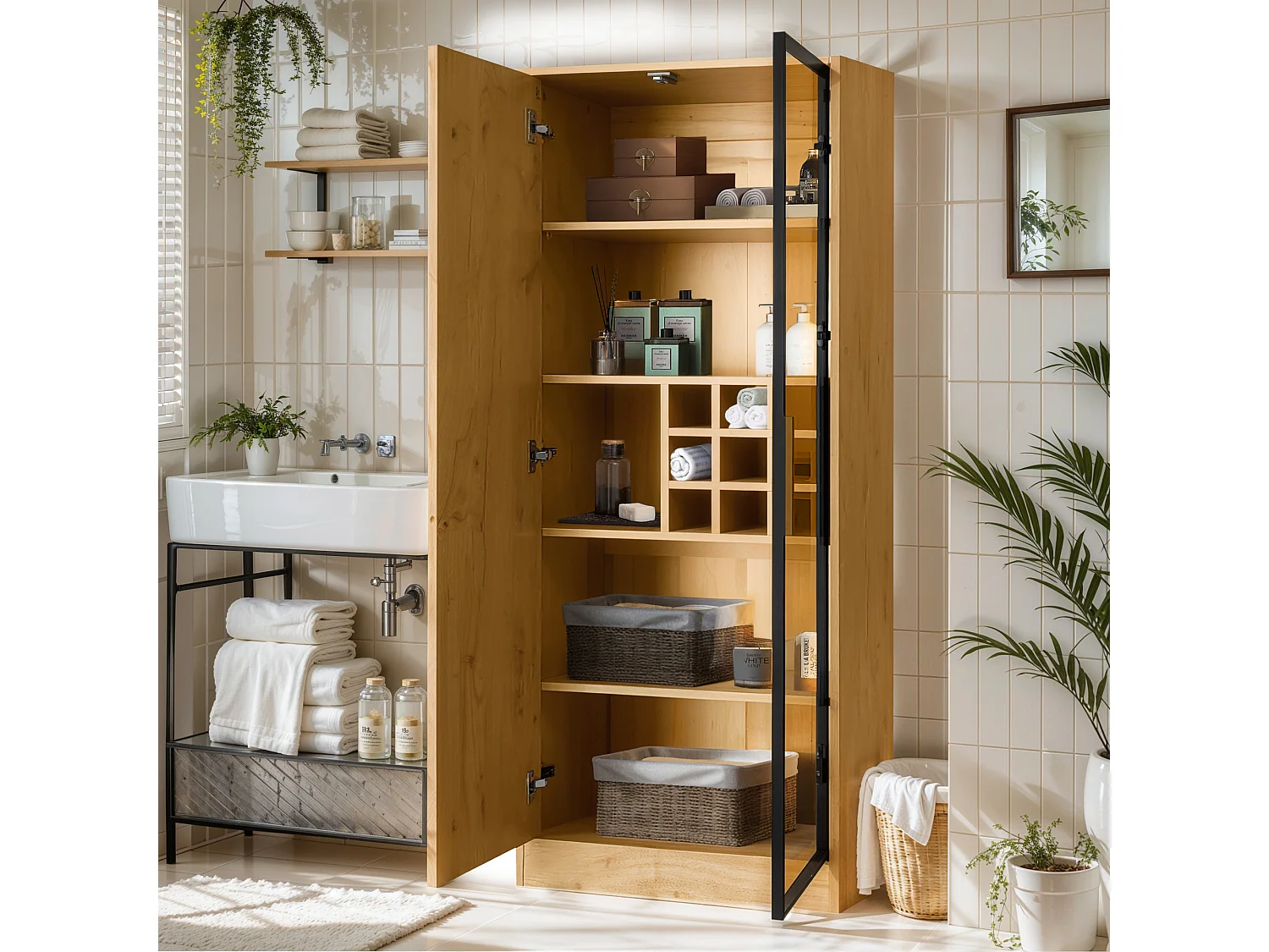 Witryna, Meble łazienkowe z 2 drzwiami szklanymi - 60 x 35 x 160 cm - Drewno MDF - Diody LED - Naturalne