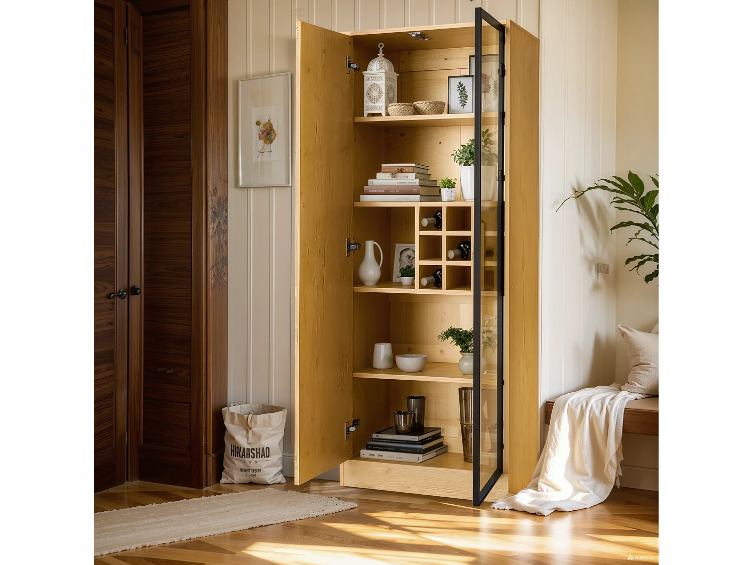 Witryna, Meble łazienkowe z 2 drzwiami szklanymi - 60 x 35 x 160 cm - Drewno MDF - Diody LED - Naturalne