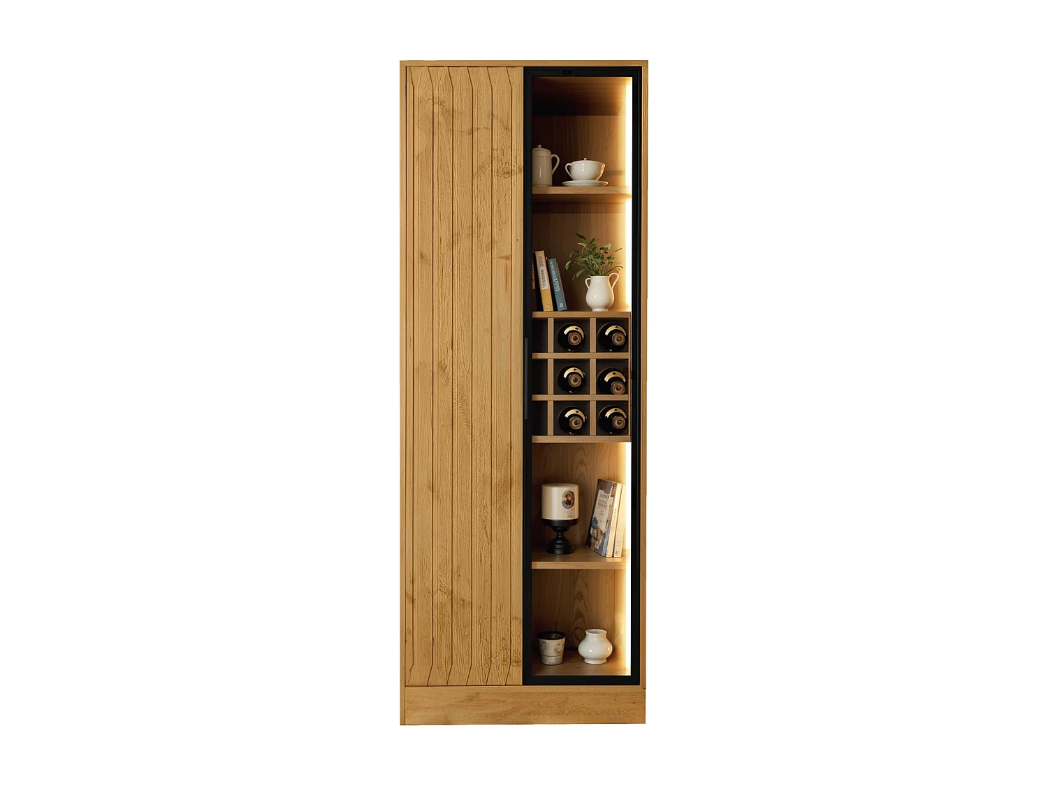 Witryna, Meble łazienkowe z 2 drzwiami szklanymi - 60 x 35 x 160 cm - Drewno MDF - Diody LED - Naturalne