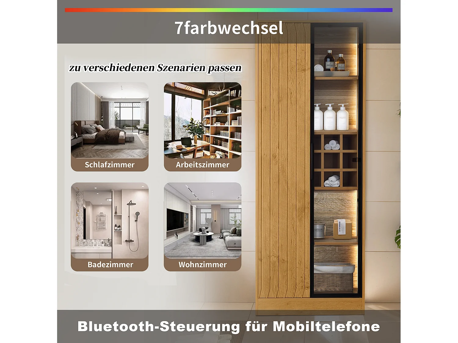 Witryna, Meble łazienkowe z 2 drzwiami szklanymi - 60 x 35 x 160 cm - Drewno MDF - Diody LED - Naturalne