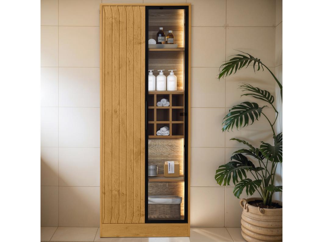 Vitrina, Mueble de baño con 2 puertas de cristal - 60 x 35 x 160 cm - Madera MDF - LED - Natural