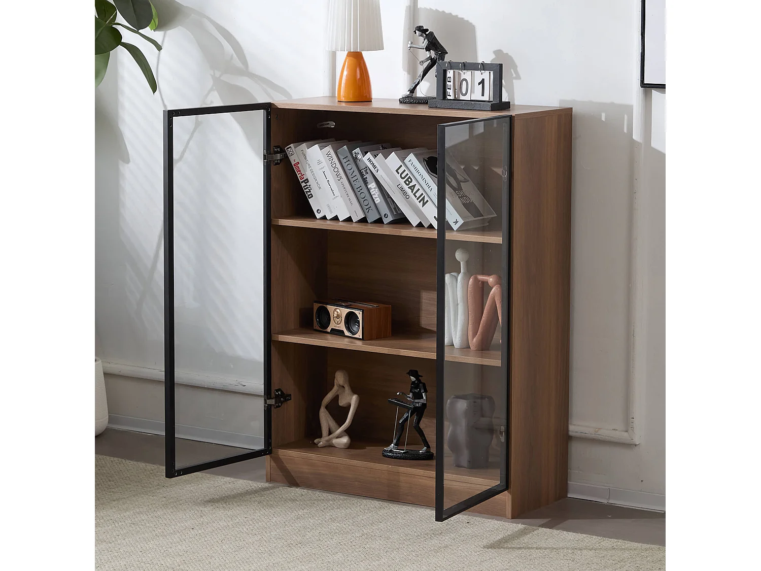 Vitrine avec 2 portes en verre - 80 x 32 x 106 cm - Etagères à 3 niveaux - LEDs - Panneau de particules - Noyer