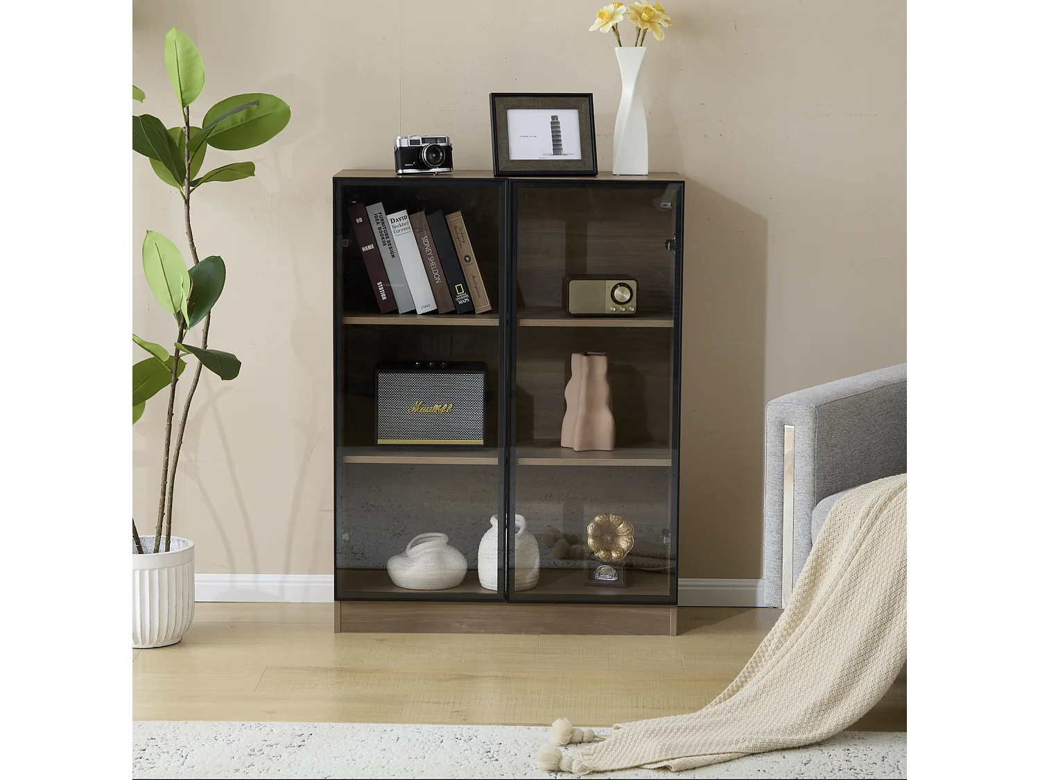 Vitrine avec 2 portes en verre - 80 x 32 x 106 cm - Etagères à 3 niveaux - LEDs - Panneau de particules - Noyer