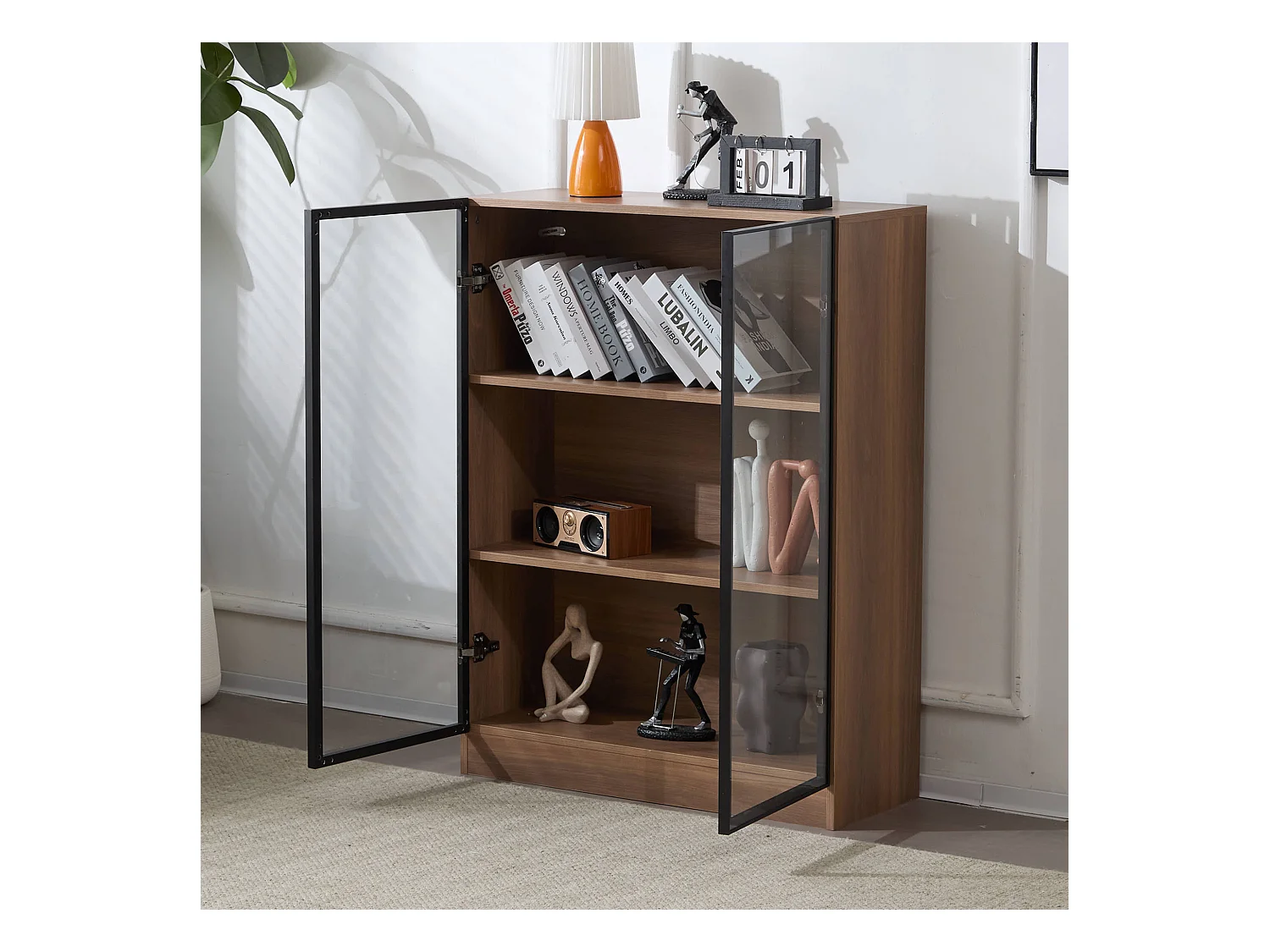 Vitrine avec 2 portes en verre - 80 x 32 x 106 cm - Etagères à 3 niveaux - LEDs - Panneau de particules - Noyer