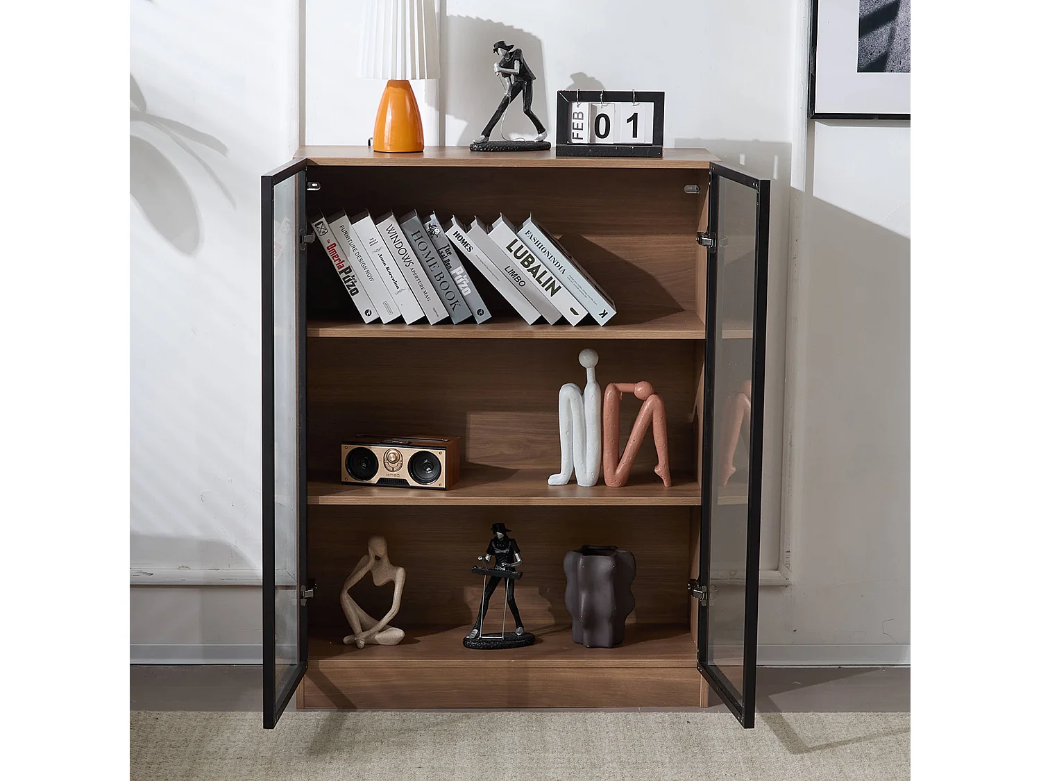 Vitrine avec 2 portes en verre - 80 x 32 x 106 cm - Etagères à 3 niveaux - LEDs - Panneau de particules - Noyer