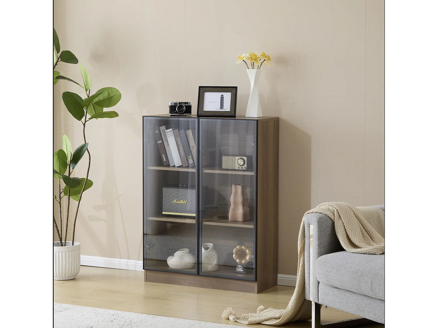 Vitrine avec 2 portes en verre - 80 x 32 x 106 cm - Etagères à 3 niveaux - LEDs - Panneau de particules - Noyer