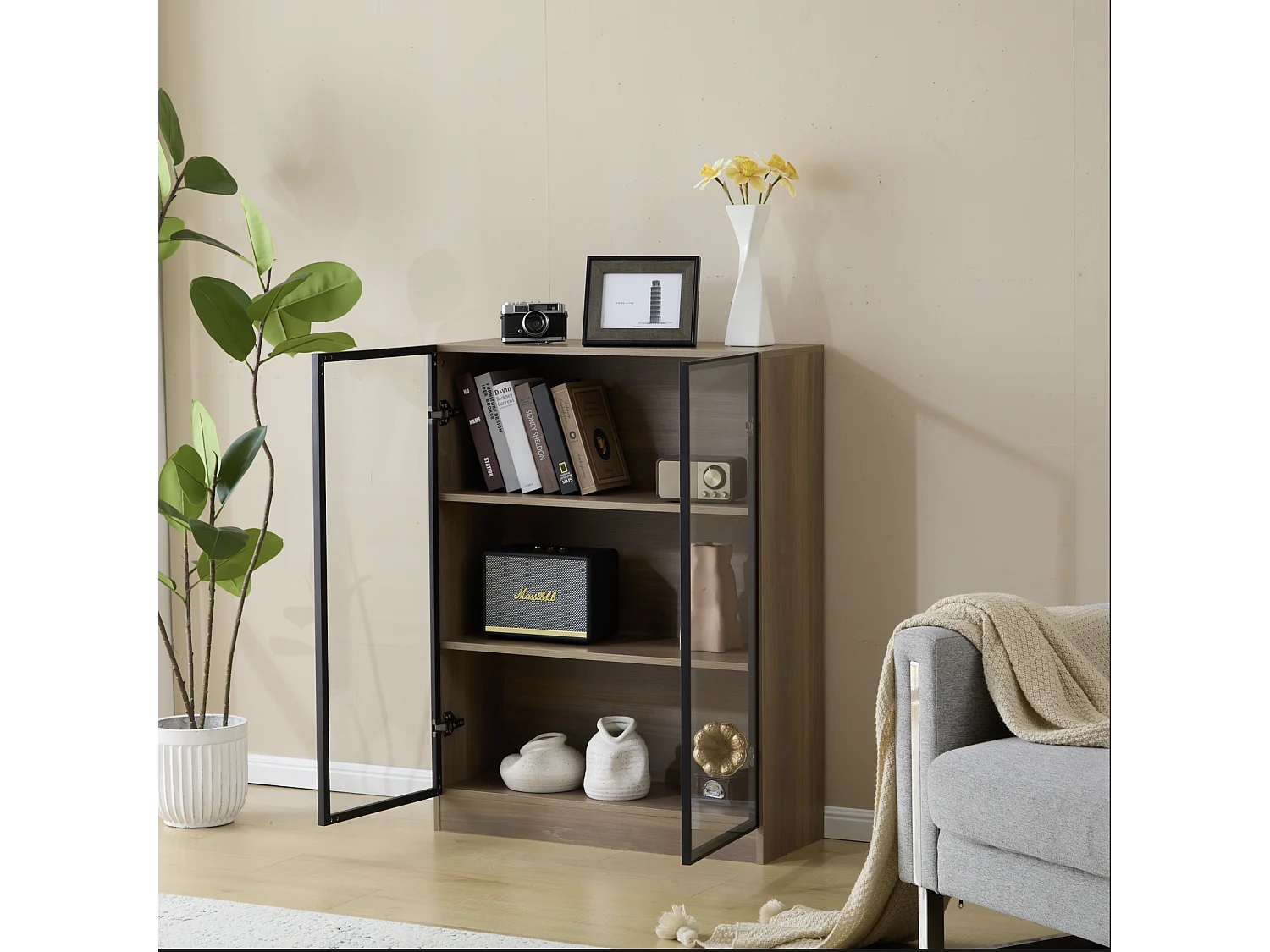 Vitrine avec 2 portes en verre - 80 x 32 x 106 cm - Etagères à 3 niveaux - LEDs - Panneau de particules - Noyer