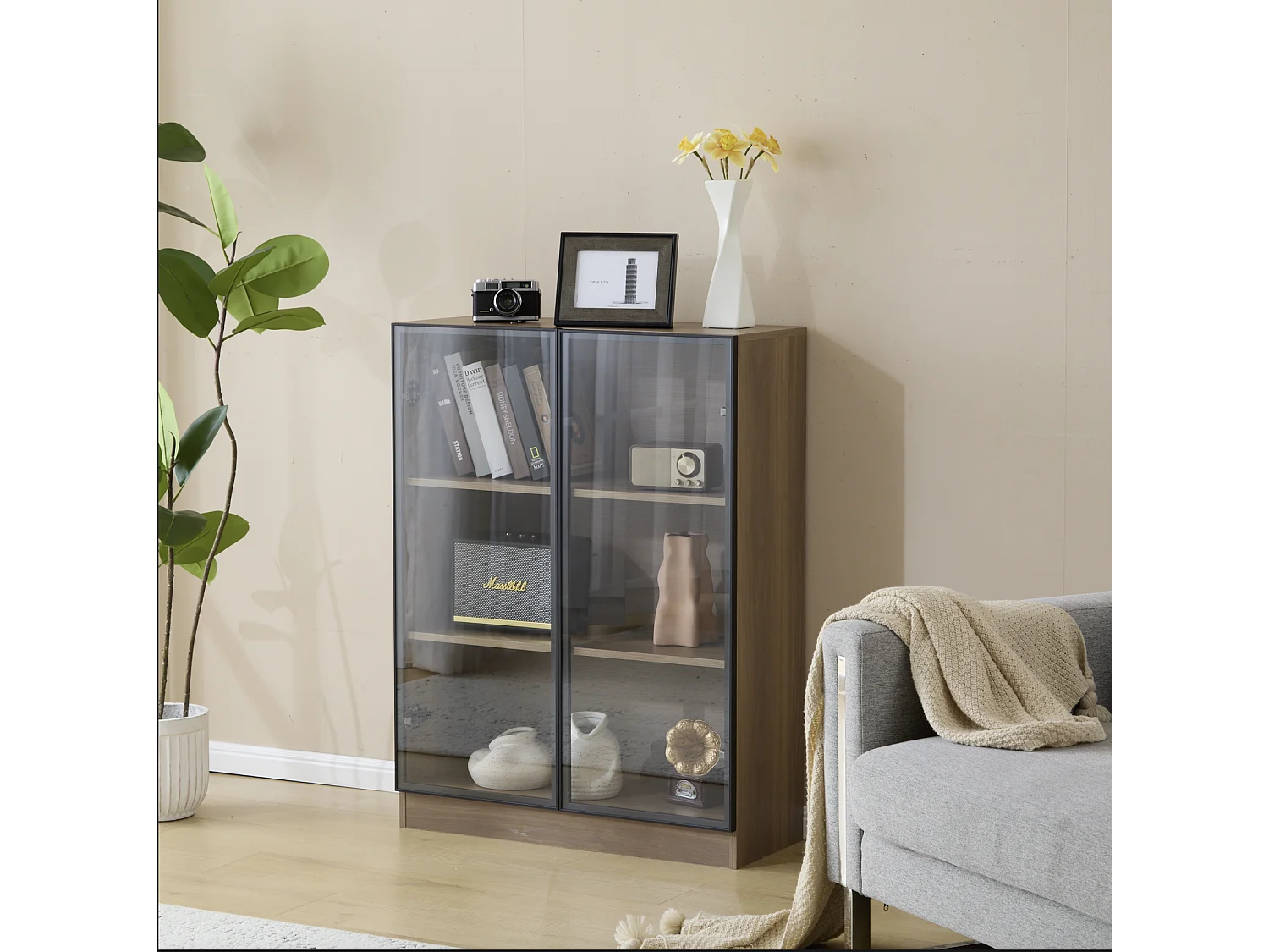 Vitrine avec 2 portes en verre - 80 x 32 x 106 cm - Etagères à 3 niveaux - LEDs - Panneau de particules - Noyer