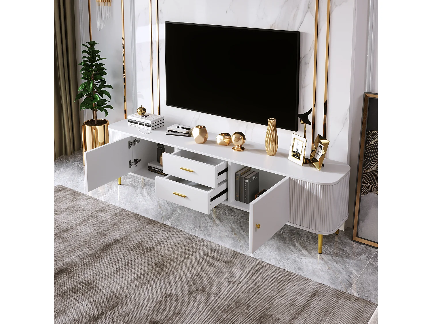 TV-Schrank mit 2 Schubladen und 2 Türen – 170 x 34 x 45 cm – MDF-Holz – goldene Griffe und Füße – Weiß