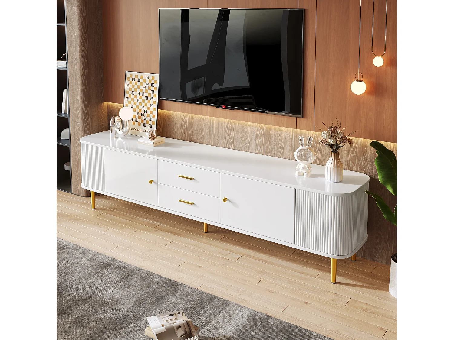 Meuble TV avec 2 tiroirs et 2 portes - 170 x 34 x 45 cm - Bois MDF - Poignées et pieds dorés - Blanc
