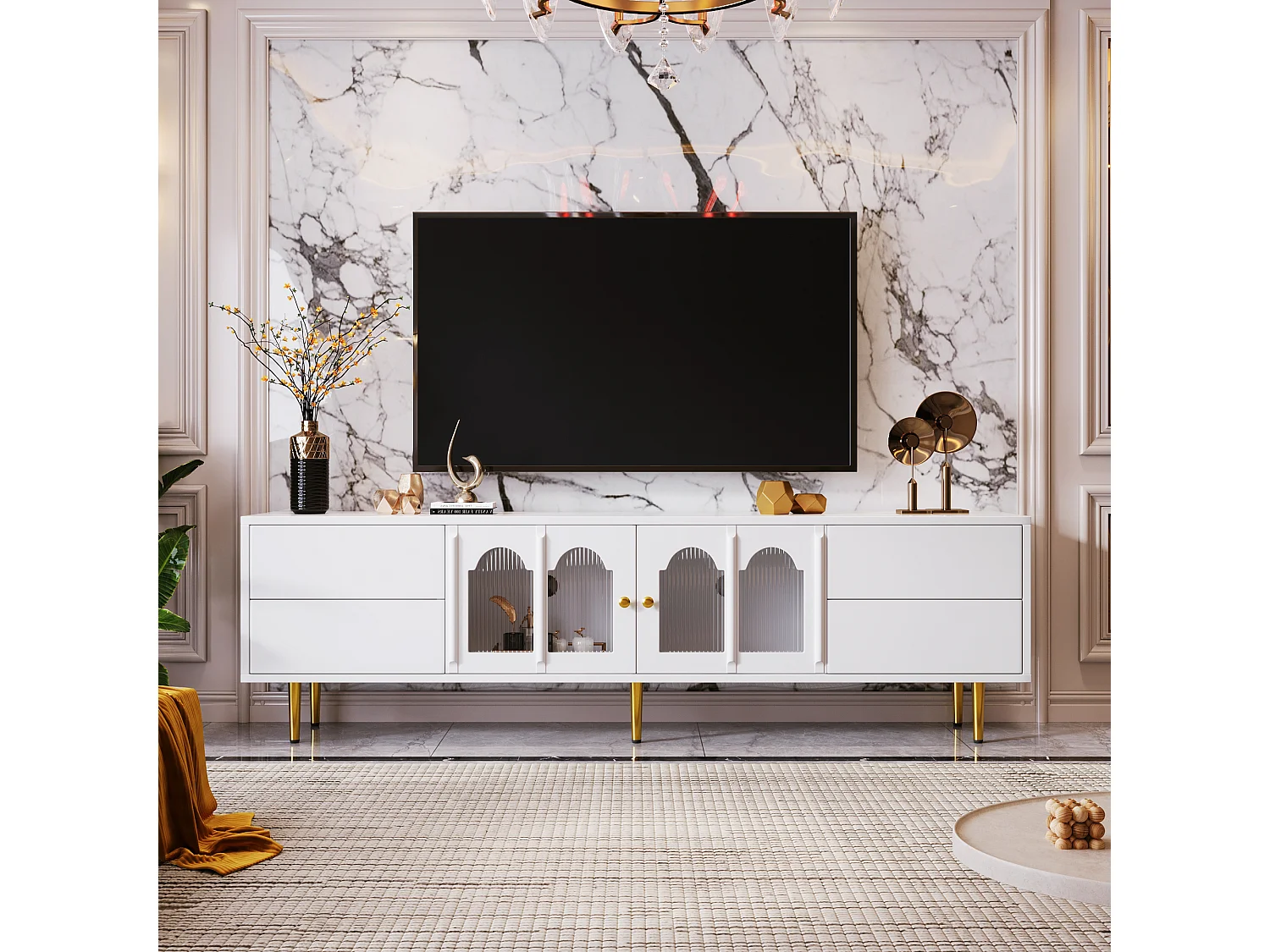 Meuble TV avec 4 tiroirs et 2 portes - 170 x 38 x 50 cm - Bois MDF - Poignées et pieds dorés - Blanc