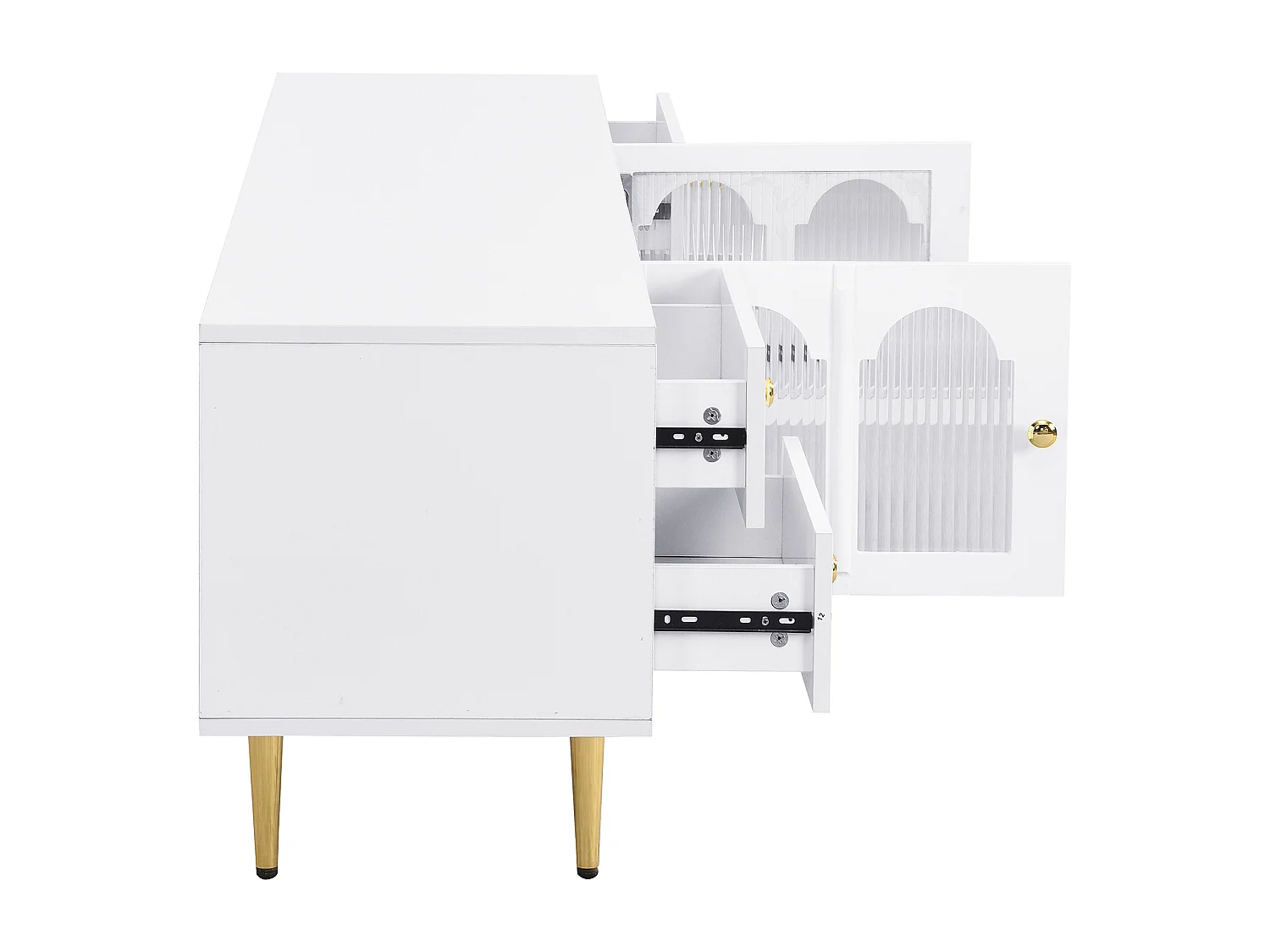 Meuble TV avec 4 tiroirs et 2 portes - 170 x 38 x 50 cm - Bois MDF - Poignées et pieds dorés - Blanc