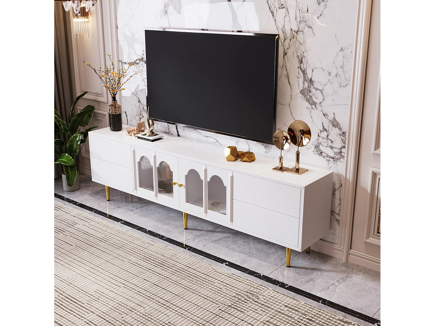 Meuble TV avec 4 tiroirs et 2 portes - 170 x 38 x 50 cm - Bois MDF - Poignées et pieds dorés - Blanc