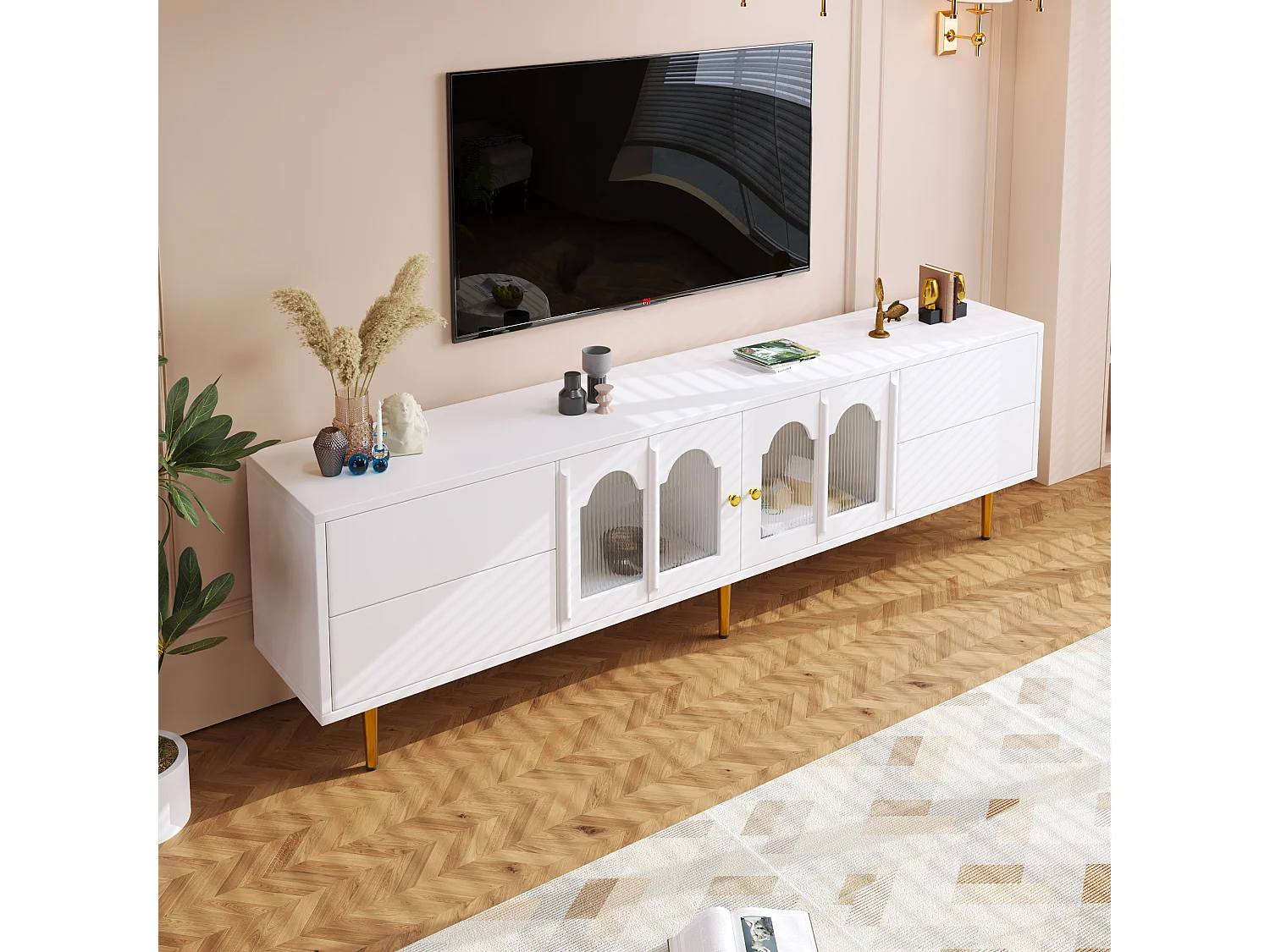 Meuble TV avec 4 tiroirs et 2 portes - 170 x 38 x 50 cm - Bois MDF - Poignées et pieds dorés - Blanc