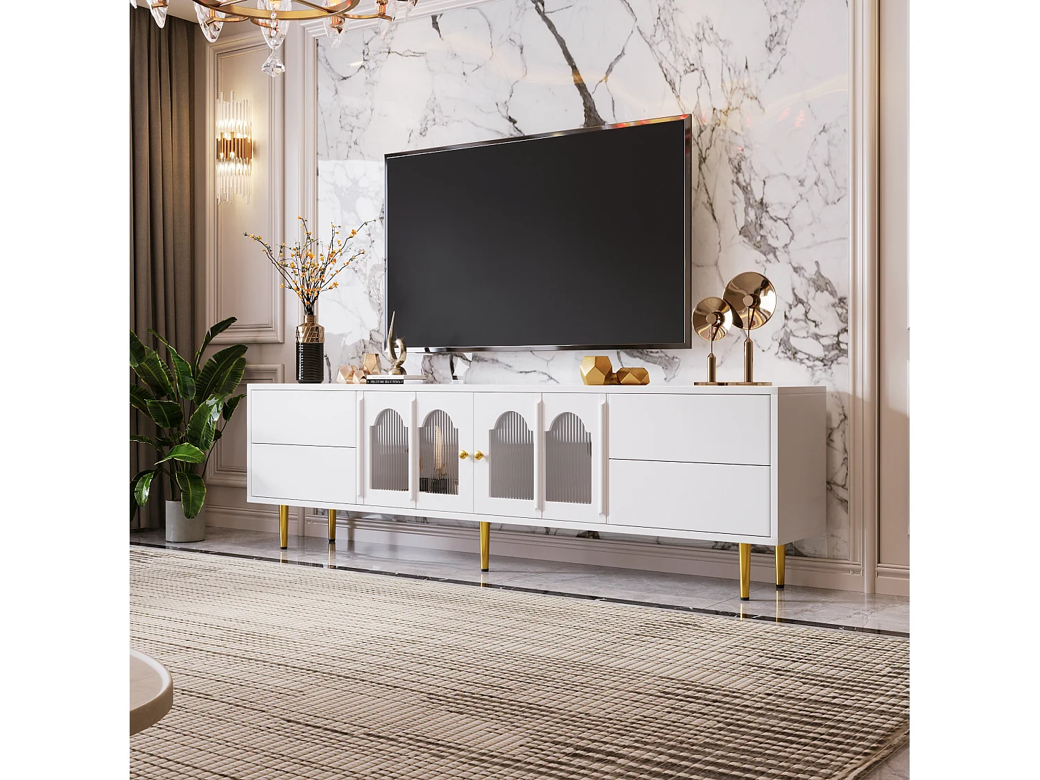 Meuble TV avec 4 tiroirs et 2 portes - 170 x 38 x 50 cm - Bois MDF - Poignées et pieds dorés - Blanc