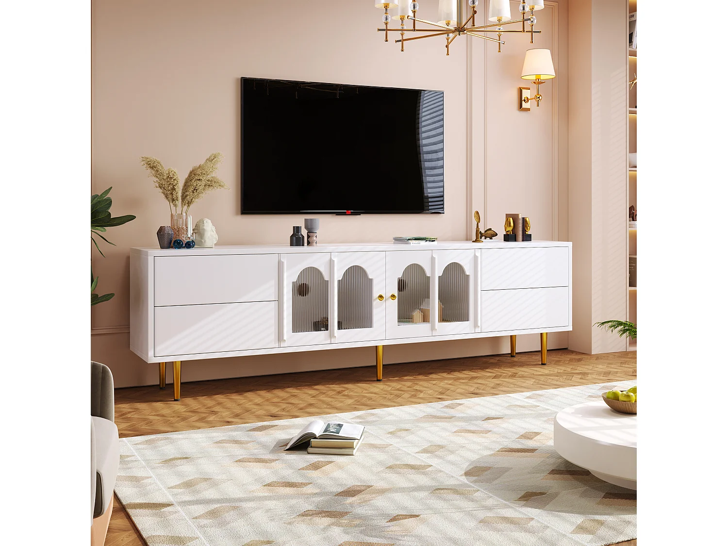 Meuble TV avec 4 tiroirs et 2 portes - 170 x 38 x 50 cm - Bois MDF - Poignées et pieds dorés - Blanc