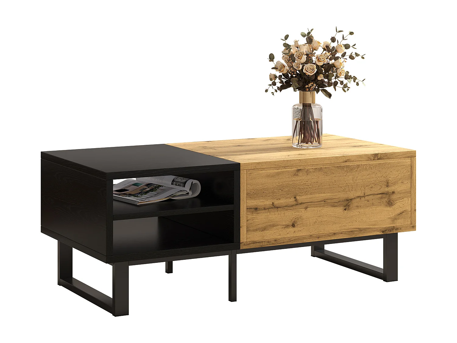 Table basse avec 1 tiroir et étagères de rangement - 100 x 50 x 40 cm - Bois MDF et métal - Naturel