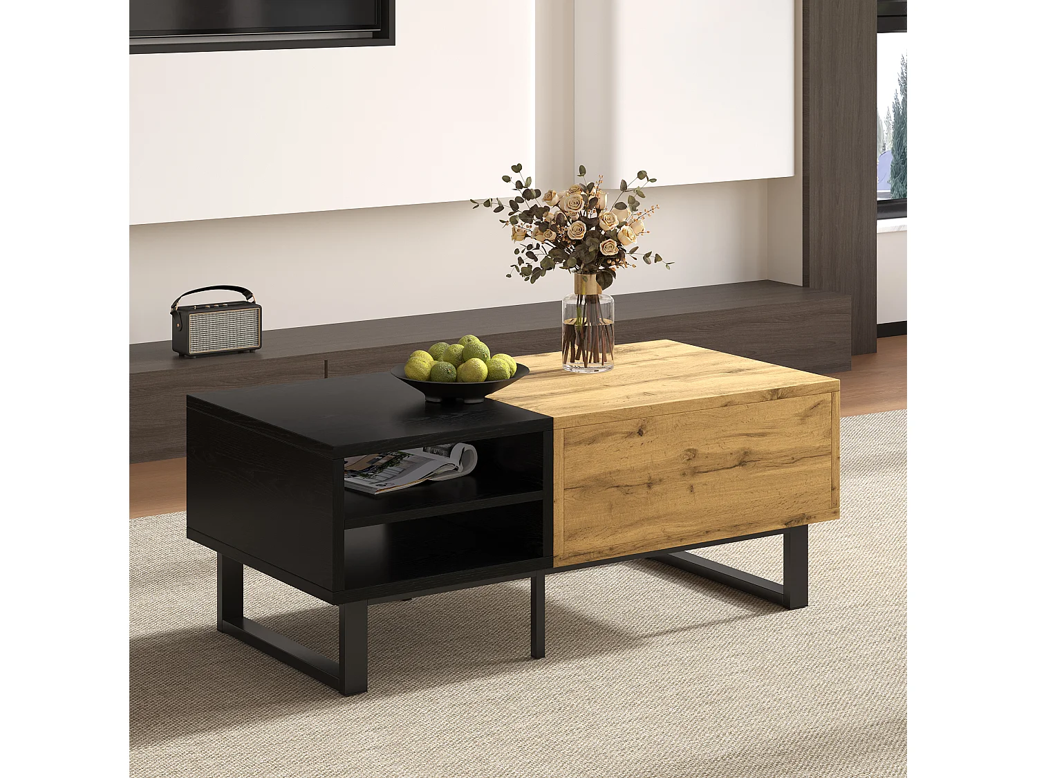 Tavolino con 1 cassetto e ripiani portaoggetti - 100 x 50 x 40 cm - Legno MDF e metallo - Naturale