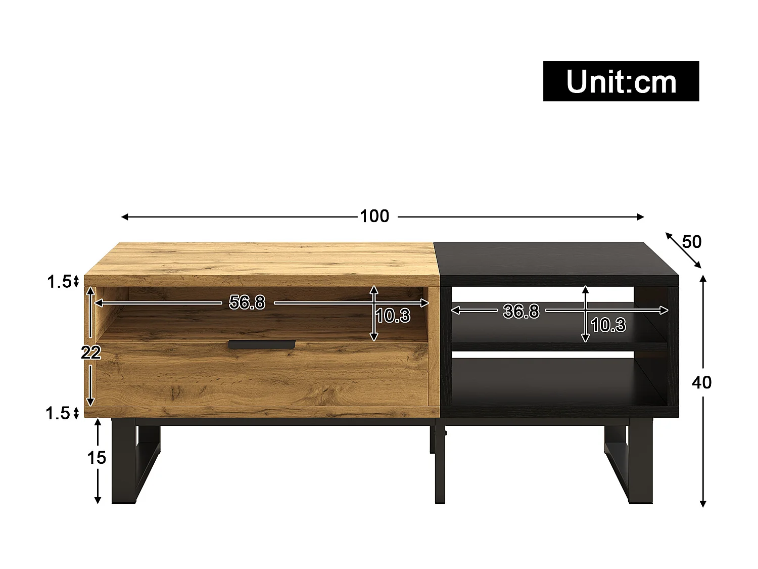 Tavolino con 1 cassetto e ripiani portaoggetti - 100 x 50 x 40 cm - Legno MDF e metallo - Naturale