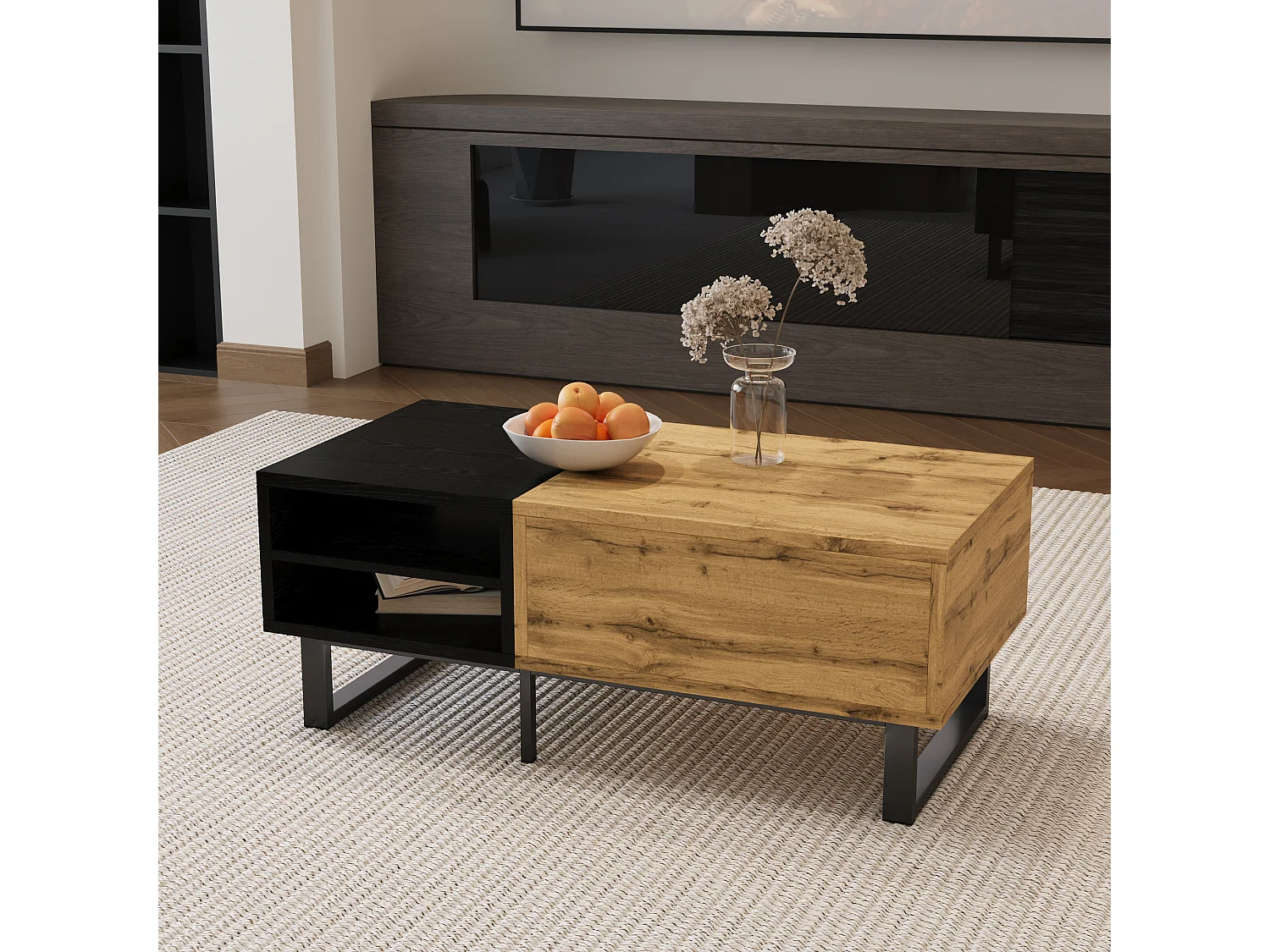 Tavolino con 1 cassetto e ripiani portaoggetti - 100 x 50 x 40 cm - Legno MDF e metallo - Naturale