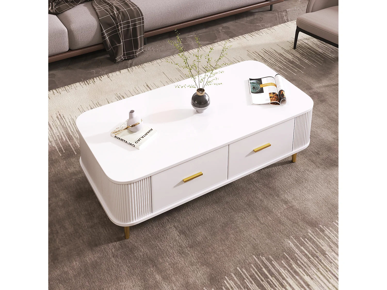 Couchtisch mit 4 Schubladen – 105 x 51 x 36 cm – MDF-Holz – goldene Griffe und Füße – Weiß