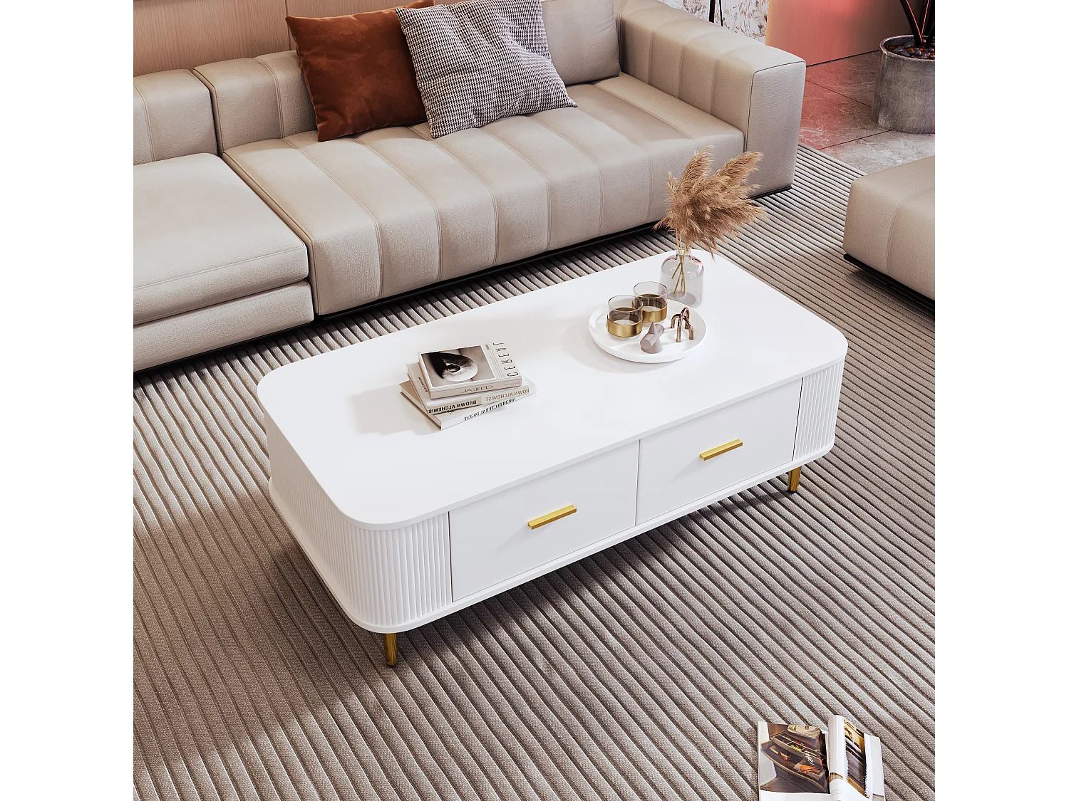 Couchtisch mit 4 Schubladen – 105 x 51 x 36 cm – MDF-Holz – goldene Griffe und Füße – Weiß