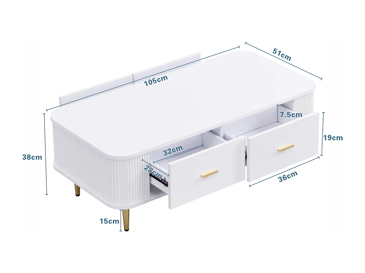 Couchtisch mit 4 Schubladen – 105 x 51 x 36 cm – MDF-Holz – goldene Griffe und Füße – Weiß