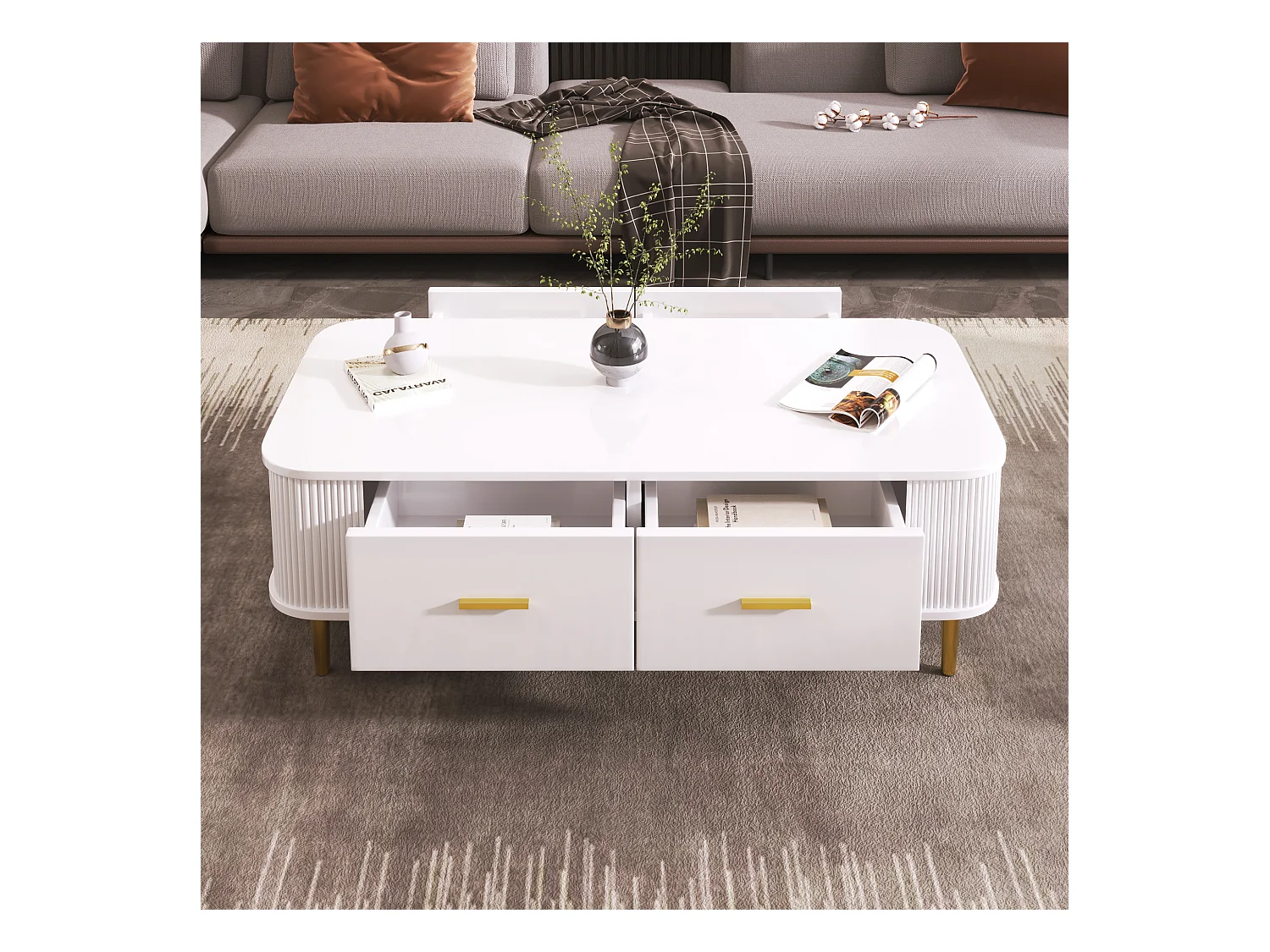 Table basse avec 4 tiroirs - 105 x 51 x 36 cm - Bois MDF - Poignées et pieds dorés - Blanc