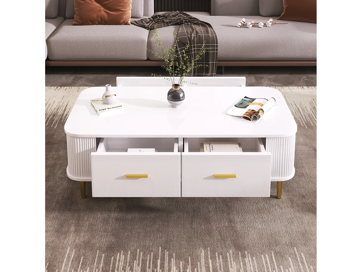 Table basse avec 4 tiroirs - 105 x 51 x 36 cm - Bois MDF - Poignées et pieds dorés - Blanc