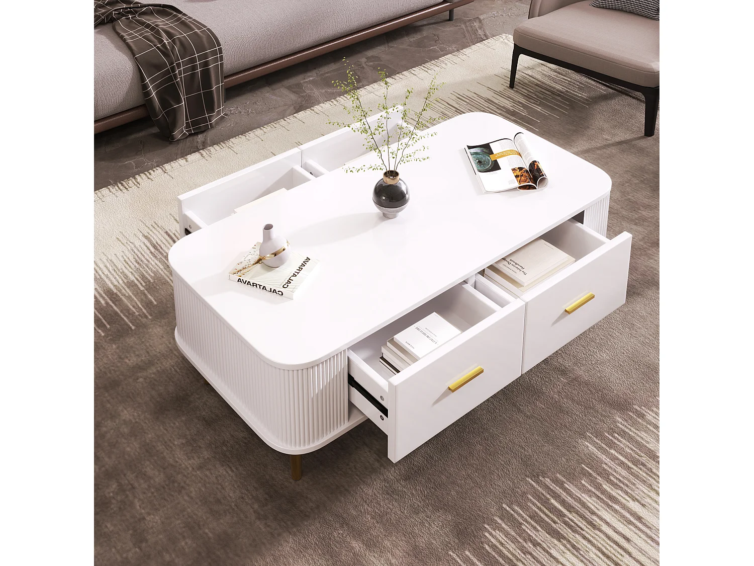 Table basse avec 4 tiroirs - 105 x 51 x 36 cm - Bois MDF - Poignées et pieds dorés - Blanc