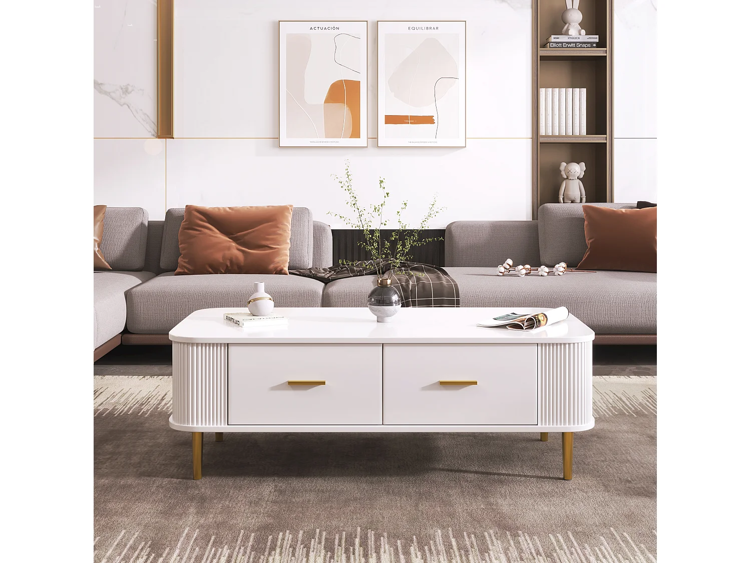 Table basse avec 4 tiroirs - 105 x 51 x 36 cm - Bois MDF - Poignées et pieds dorés - Blanc