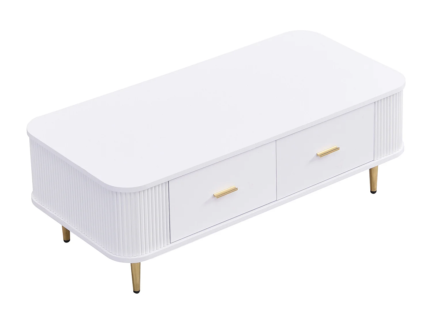 Table basse avec 4 tiroirs - 105 x 51 x 36 cm - Bois MDF - Poignées et pieds dorés - Blanc