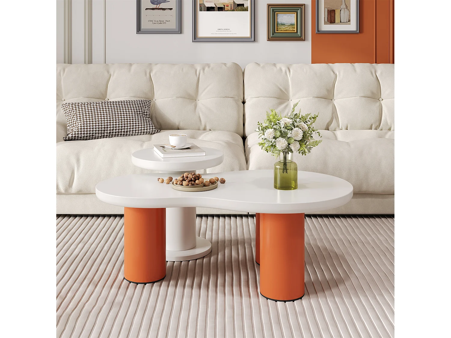 Set van 2 in elkaar geplaatste, wolkvormige salontafels - MDF-blad + PVC-poten - Wit en oranje