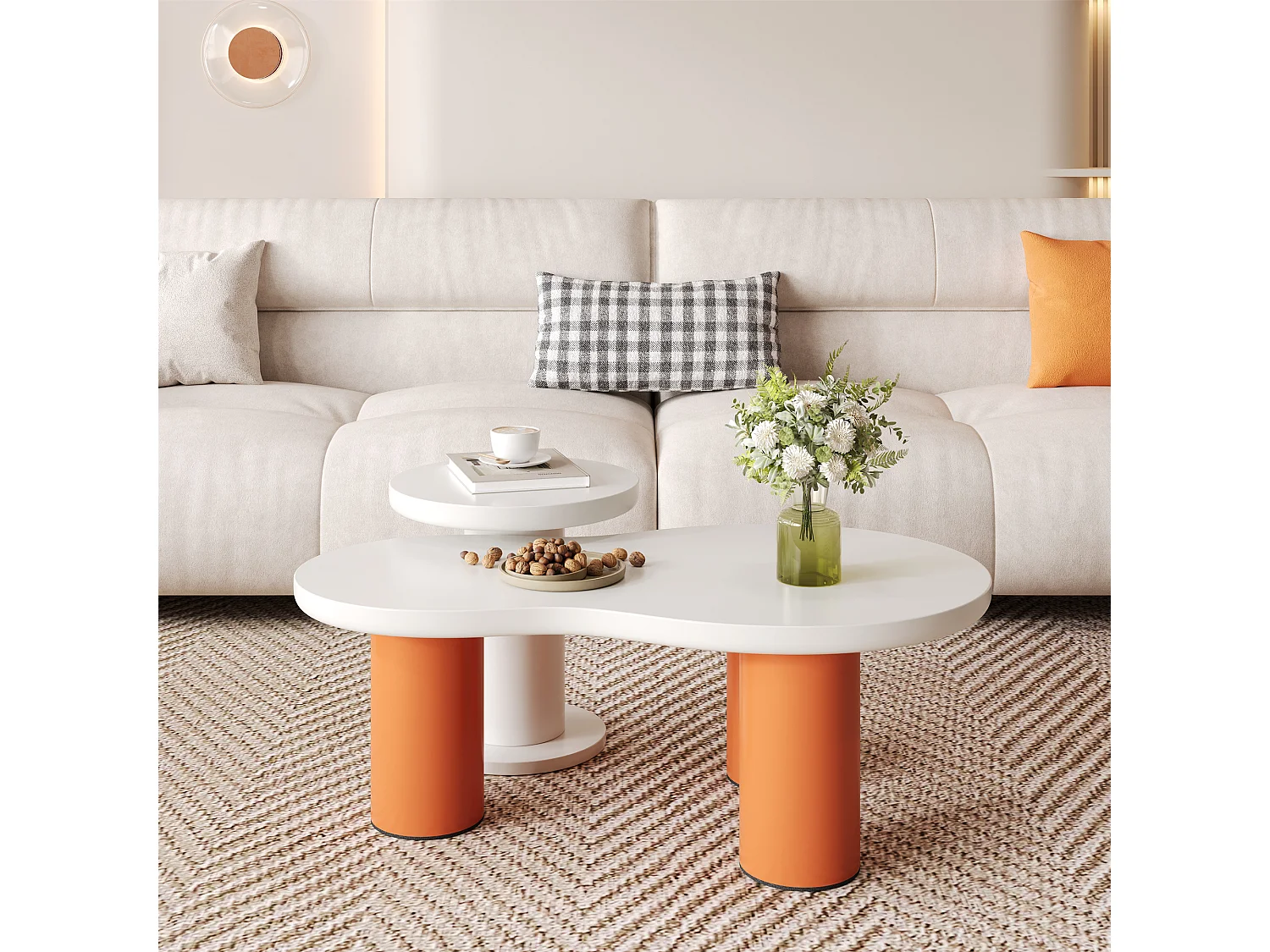 Set van 2 in elkaar geplaatste, wolkvormige salontafels - MDF-blad + PVC-poten - Wit en oranje