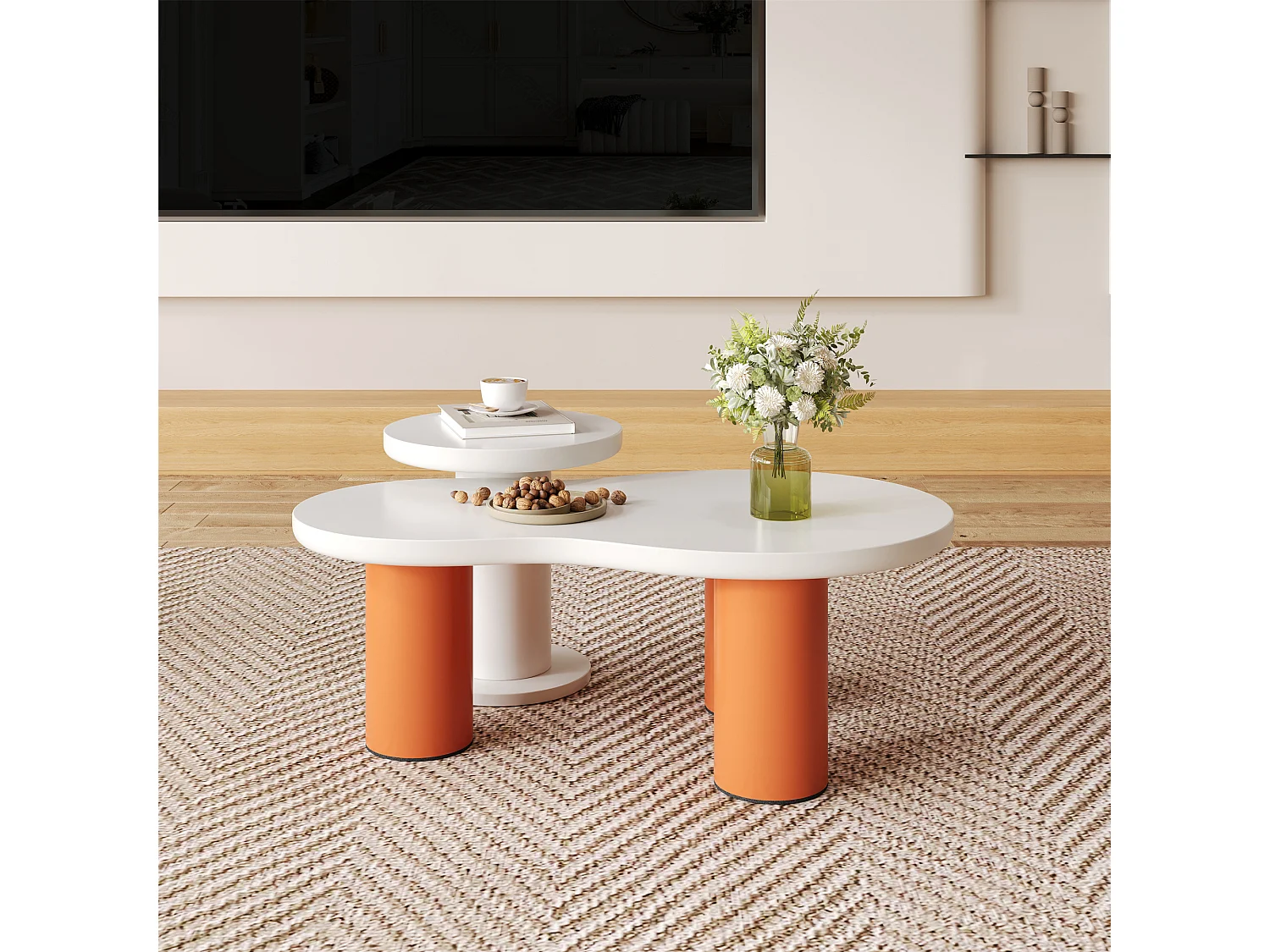 Set van 2 in elkaar geplaatste, wolkvormige salontafels - MDF-blad + PVC-poten - Wit en oranje