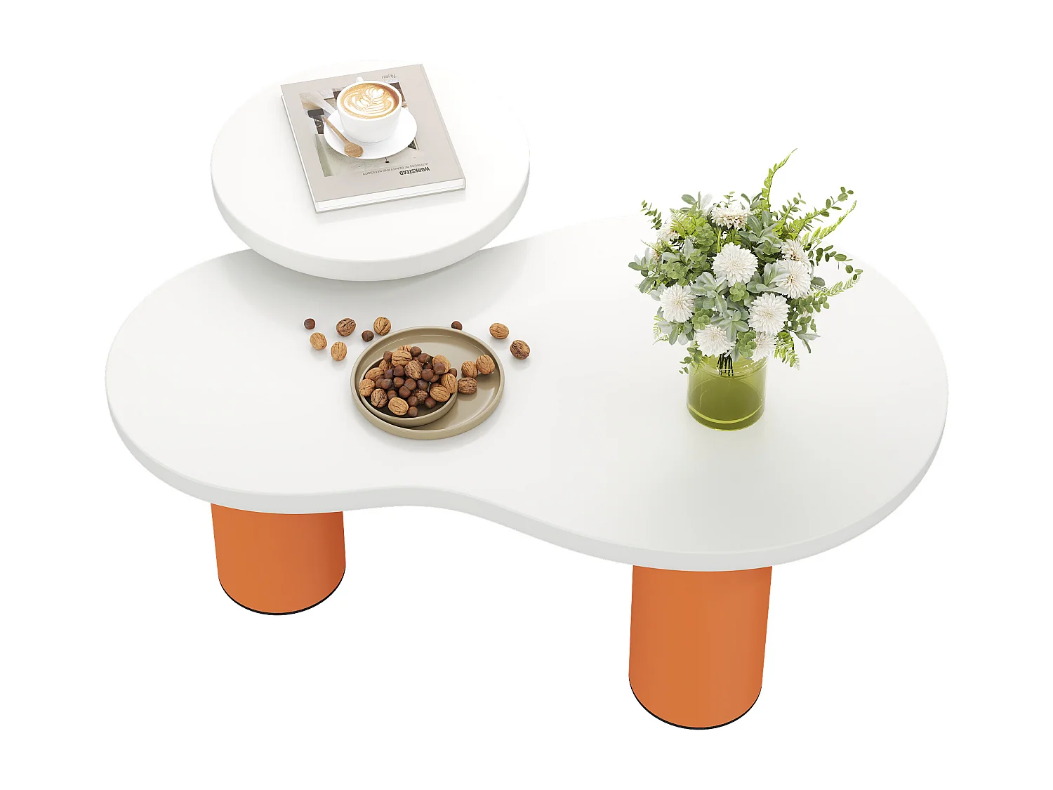 Set van 2 in elkaar geplaatste, wolkvormige salontafels - MDF-blad + PVC-poten - Wit en oranje