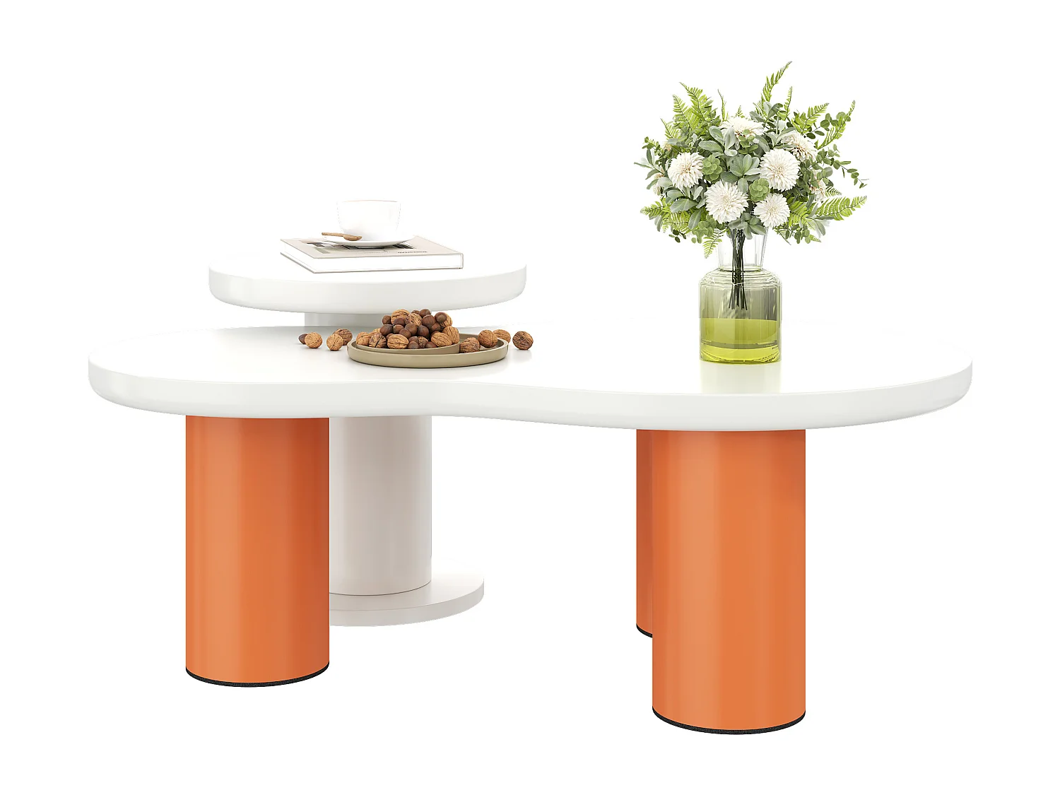 Set van 2 in elkaar geplaatste, wolkvormige salontafels - MDF-blad + PVC-poten - Wit en oranje