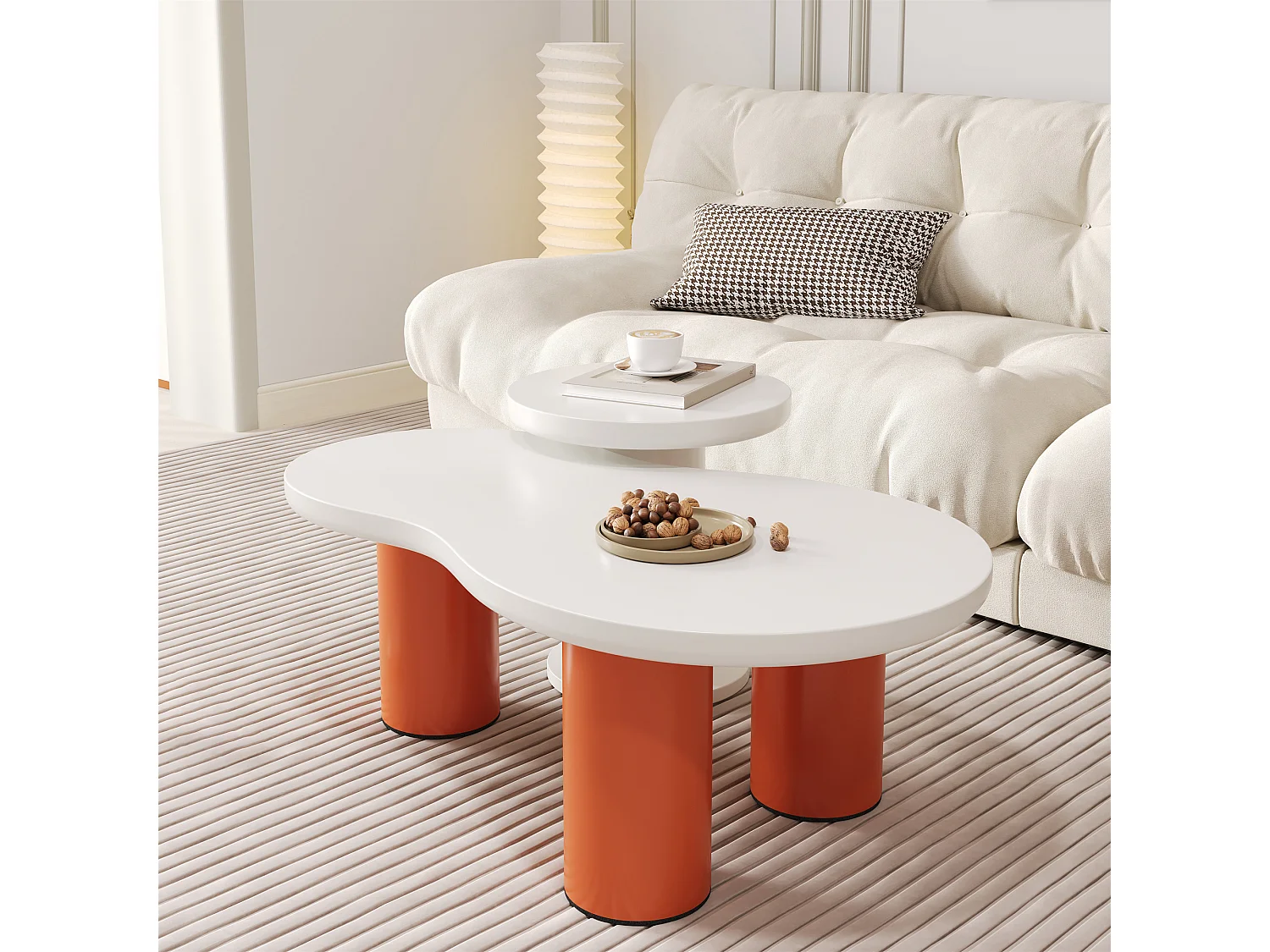 Set van 2 in elkaar geplaatste, wolkvormige salontafels - MDF-blad + PVC-poten - Wit en oranje