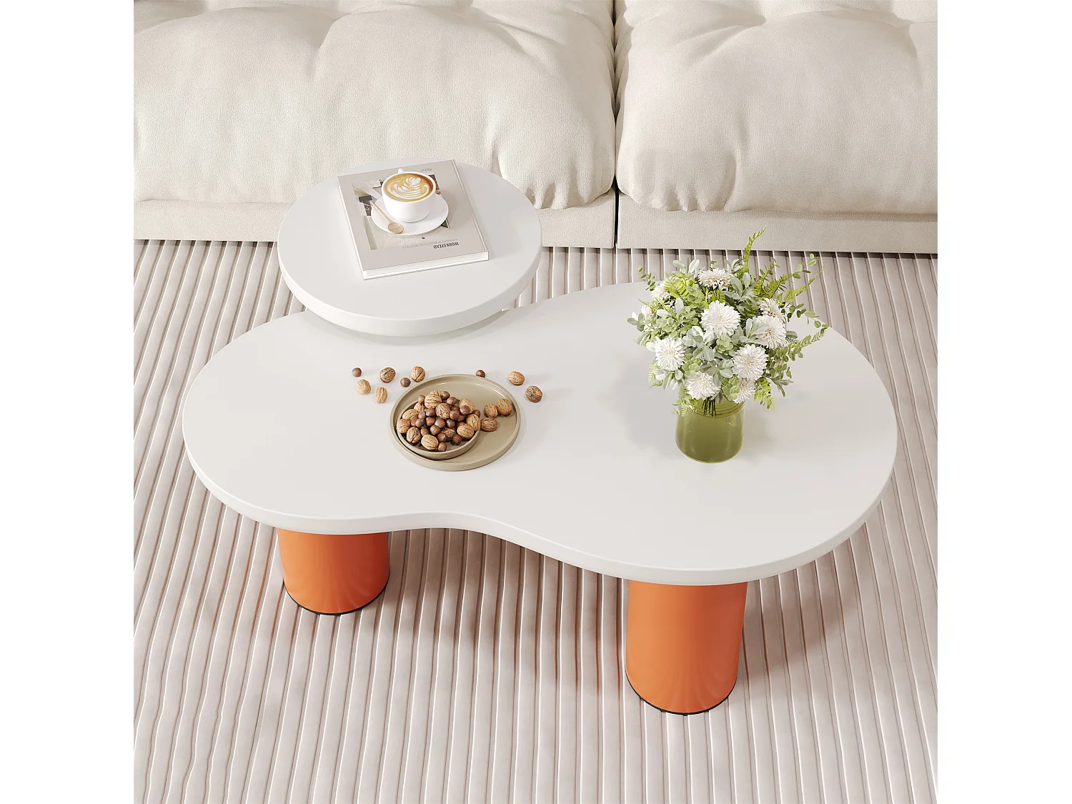 Set van 2 in elkaar geplaatste, wolkvormige salontafels - MDF-blad + PVC-poten - Wit en oranje