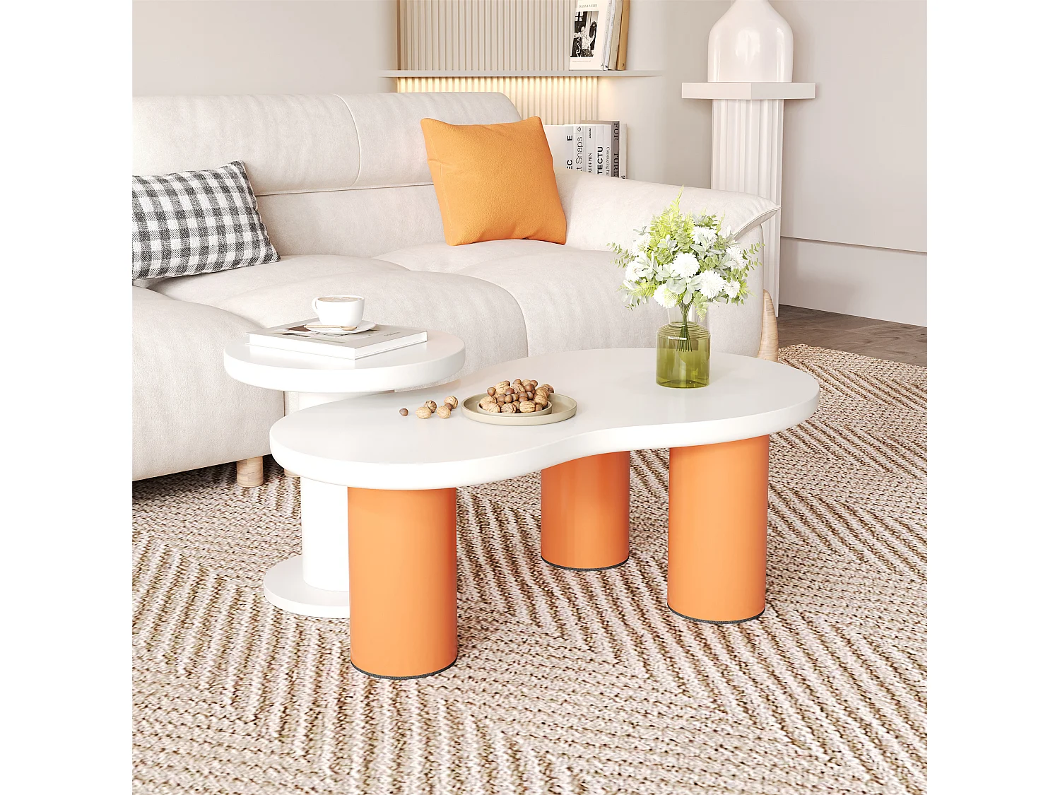 Set van 2 in elkaar geplaatste, wolkvormige salontafels - MDF-blad + PVC-poten - Wit en oranje