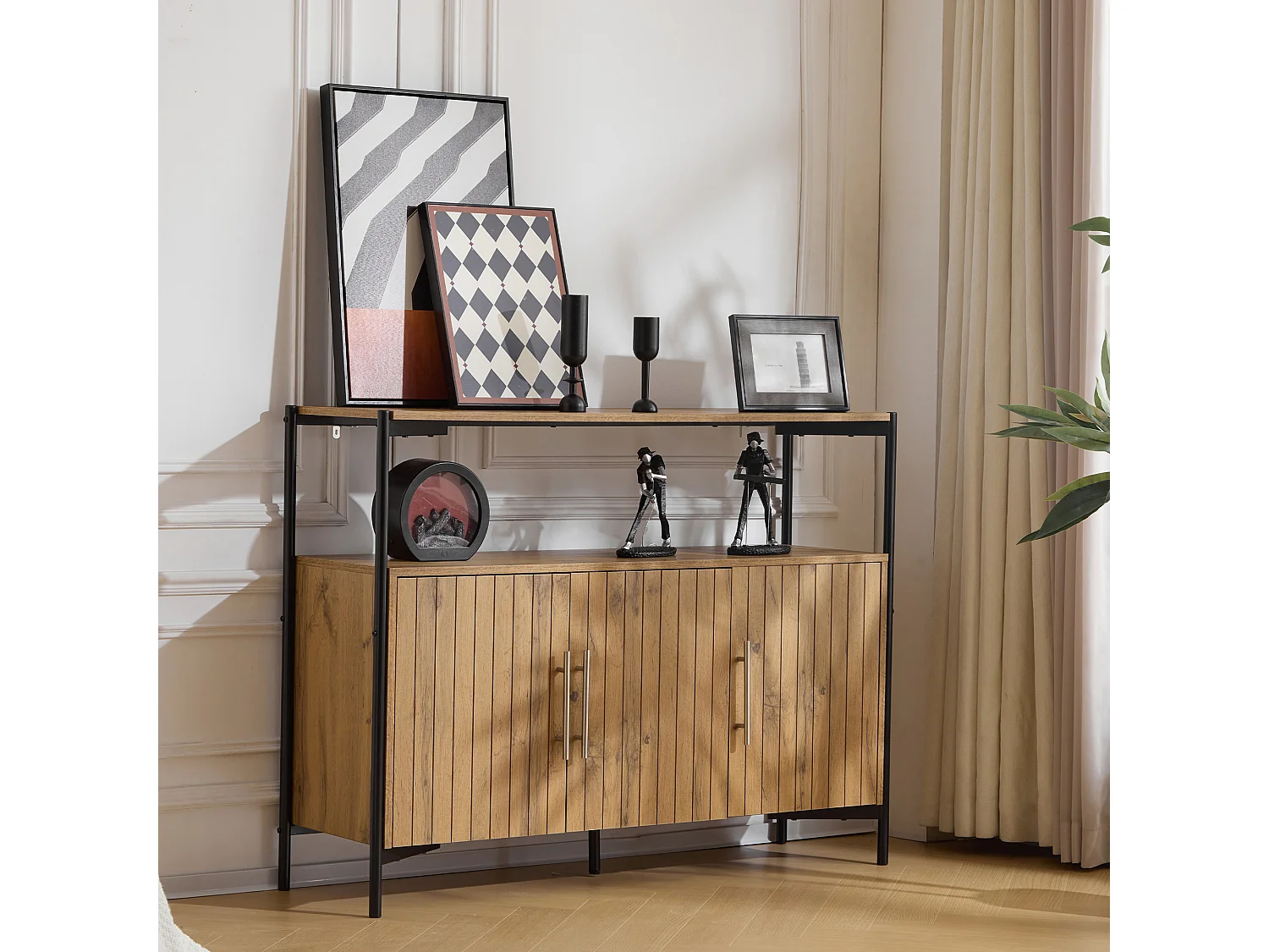 Buffet avec 3 portes, étagères réglables - 120 x 35 x 90 cm - Panneau de particules - Design industriel - Naturel