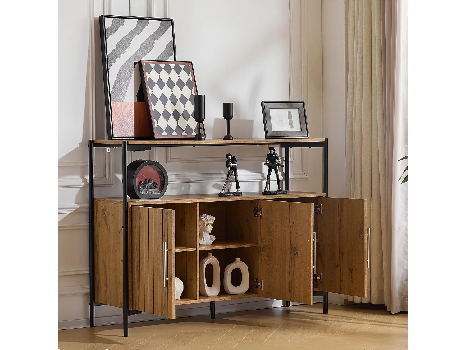 Buffet avec 3 portes, étagères réglables - 120 x 35 x 90 cm - Panneau de particules - Design industriel - Naturel