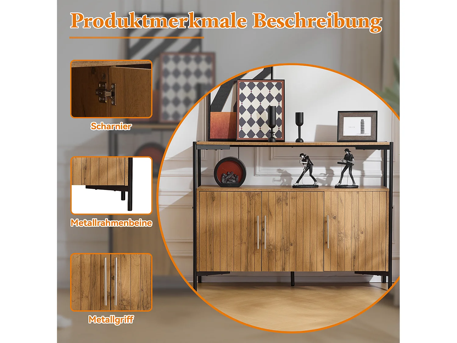 Buffet avec 3 portes, étagères réglables - 120 x 35 x 90 cm - Panneau de particules - Design industriel - Naturel