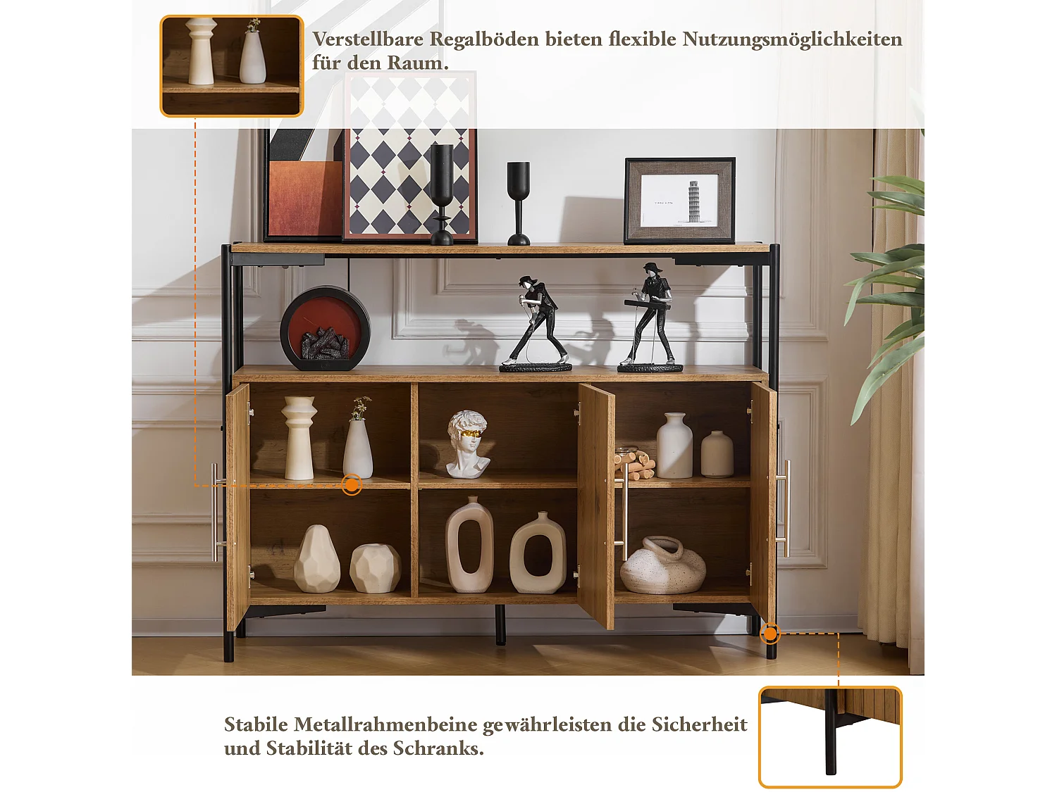 Buffet avec 3 portes, étagères réglables - 120 x 35 x 90 cm - Panneau de particules - Design industriel - Naturel