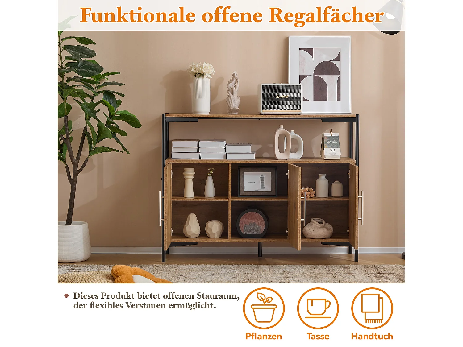Buffet avec 3 portes, étagères réglables - 120 x 35 x 90 cm - Panneau de particules - Design industriel - Naturel
