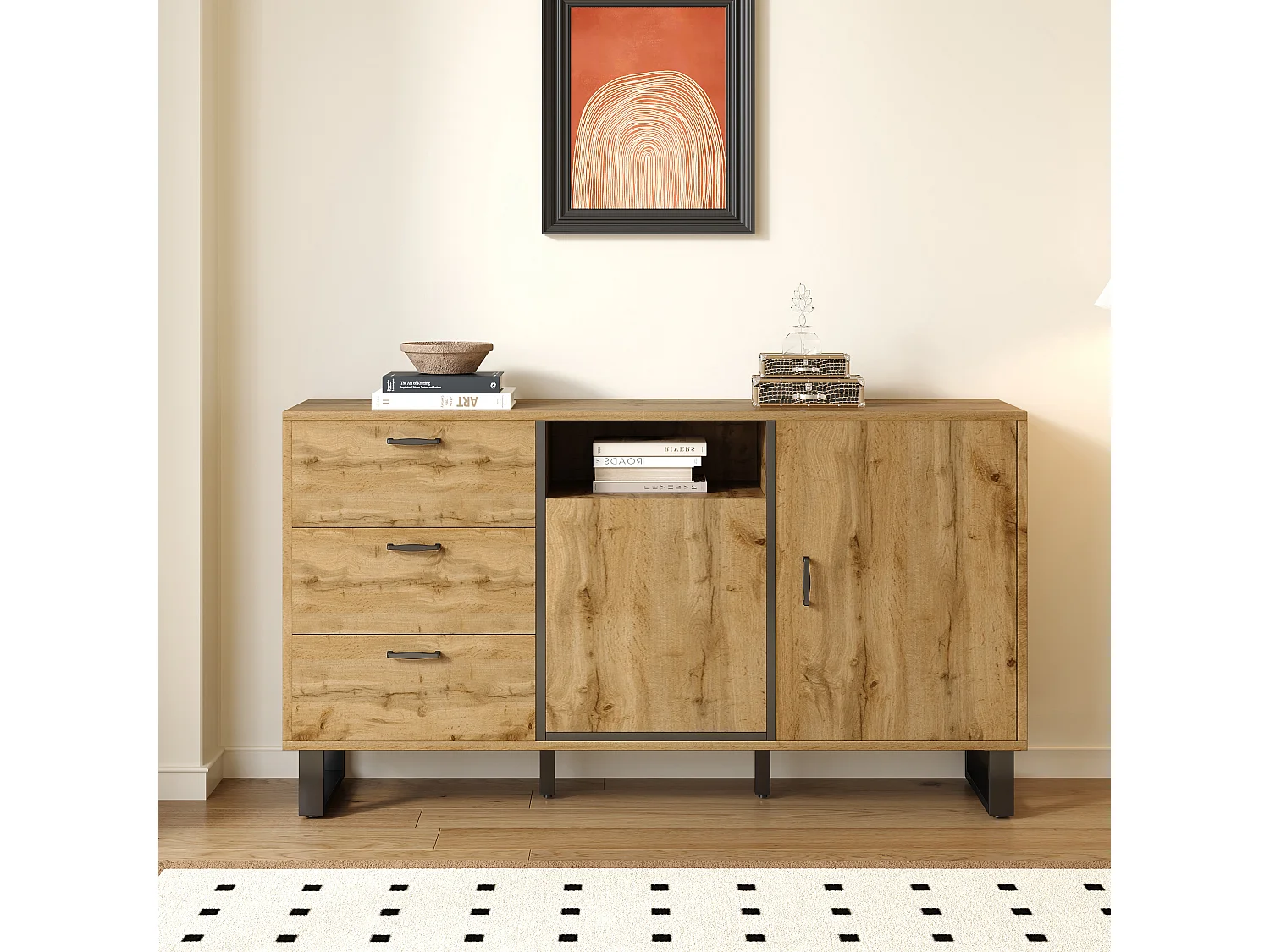 Credenza con 3 cassetti, 2 ante e 1 nicchia - 150 x 38 x 76,5 cm - Truciolare - per soggiorno, cucina - Colore naturale