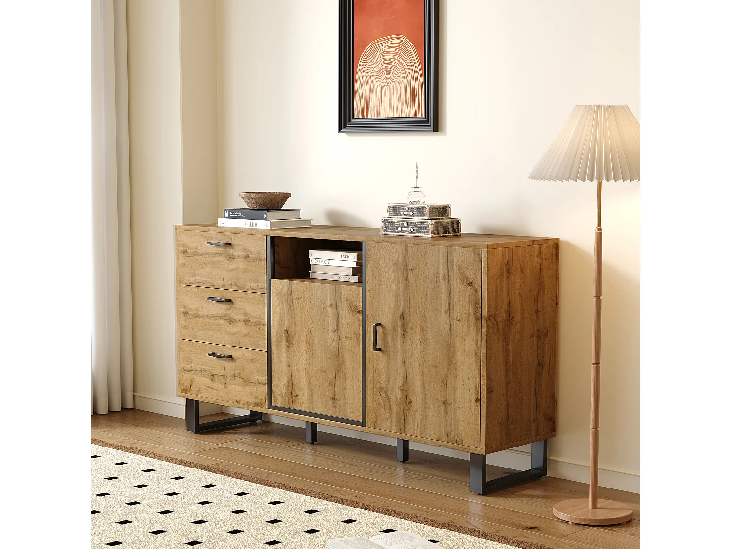 Credenza con 3 cassetti, 2 ante e 1 nicchia - 150 x 38 x 76,5 cm - Truciolare - per soggiorno, cucina - Colore naturale
