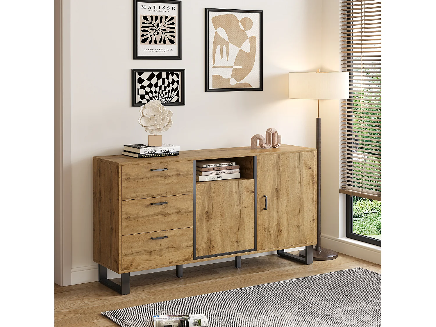 Credenza con 3 cassetti, 2 ante e 1 nicchia - 150 x 38 x 76,5 cm - Truciolare - per soggiorno, cucina - Colore naturale