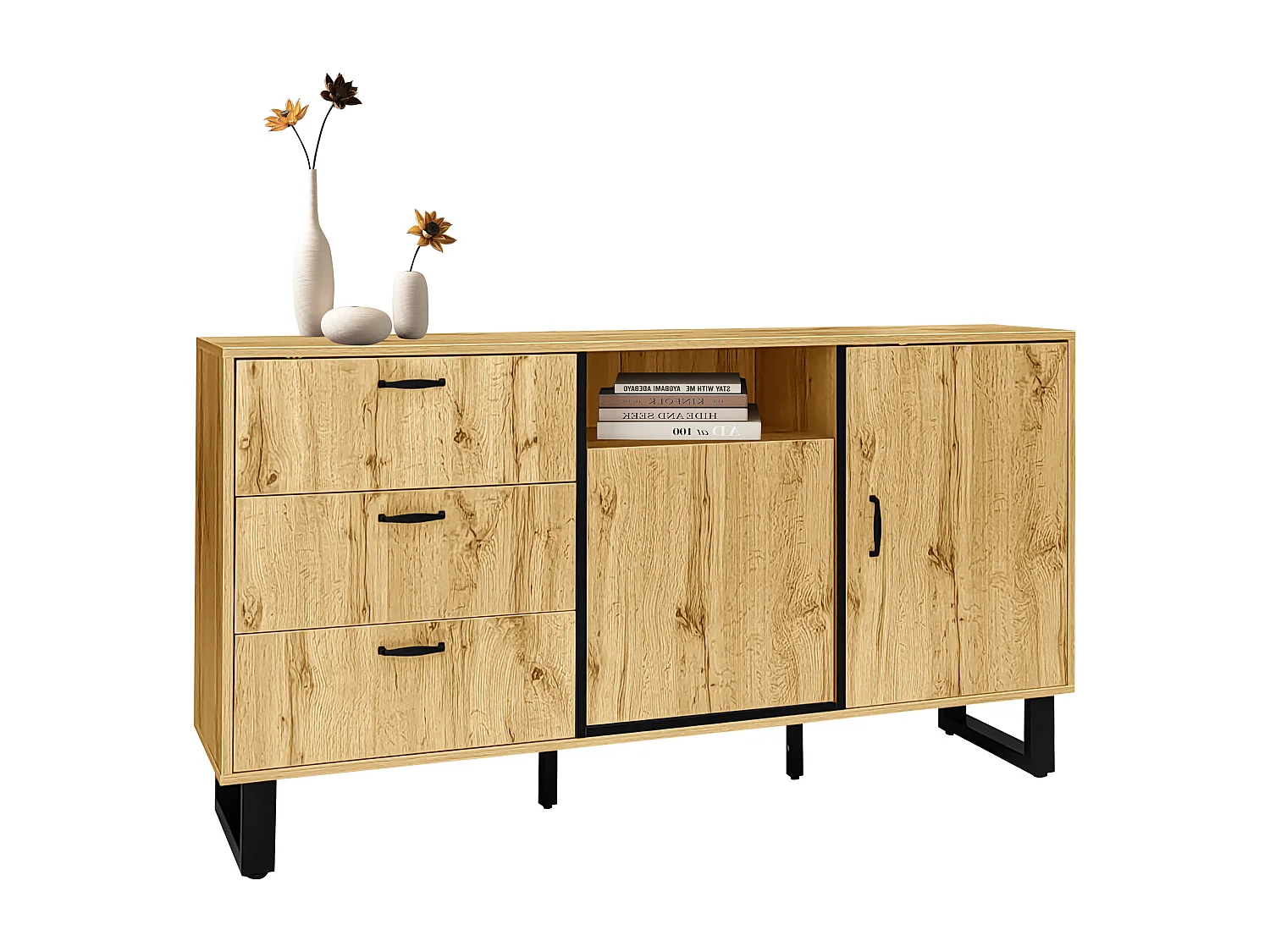 Credenza con 3 cassetti, 2 ante e 1 nicchia - 150 x 38 x 76,5 cm - Truciolare - per soggiorno, cucina - Colore naturale